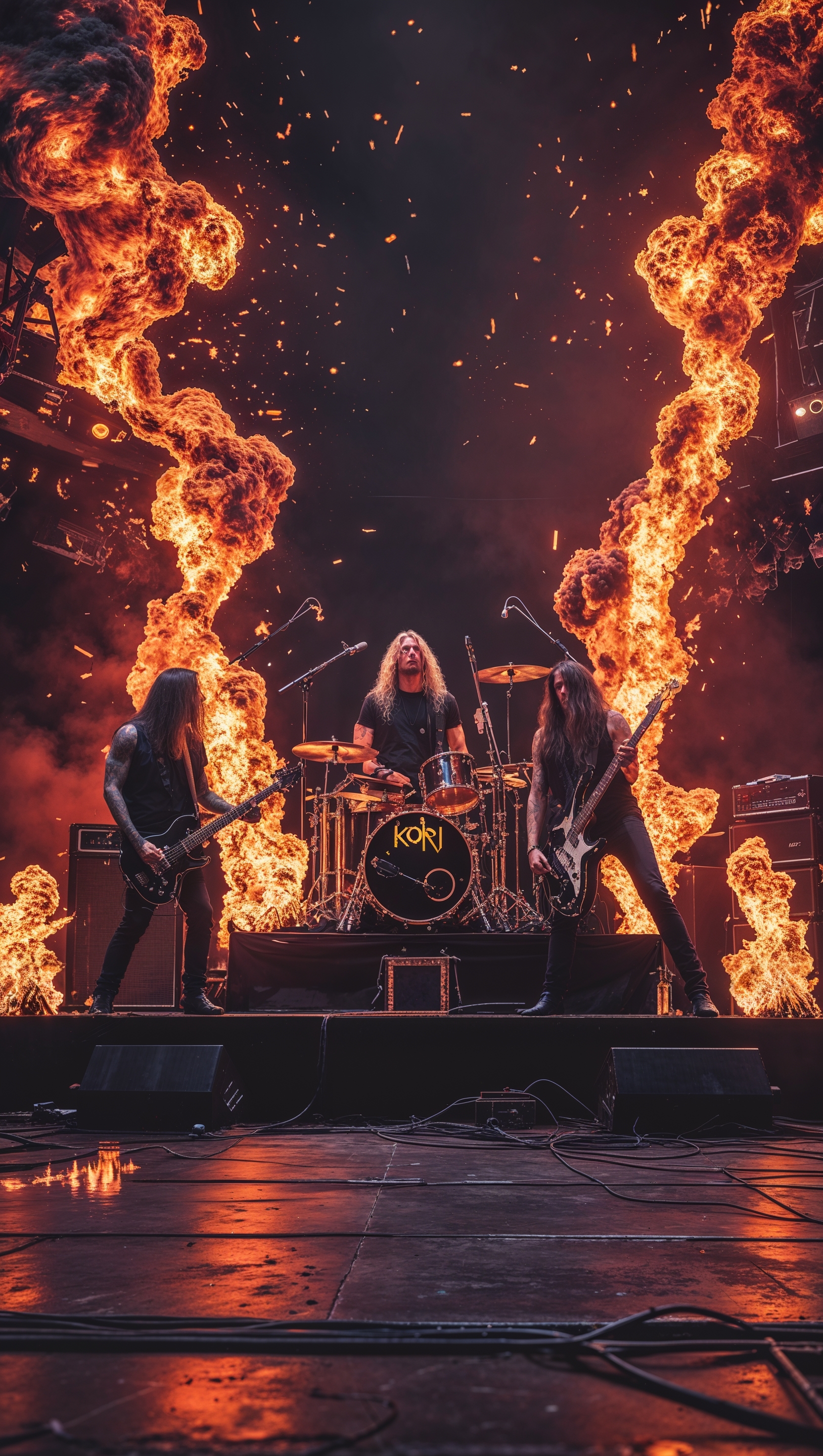 Korn stage exploding with fire and sparks, cinematic shot, iPhone wallpaper
