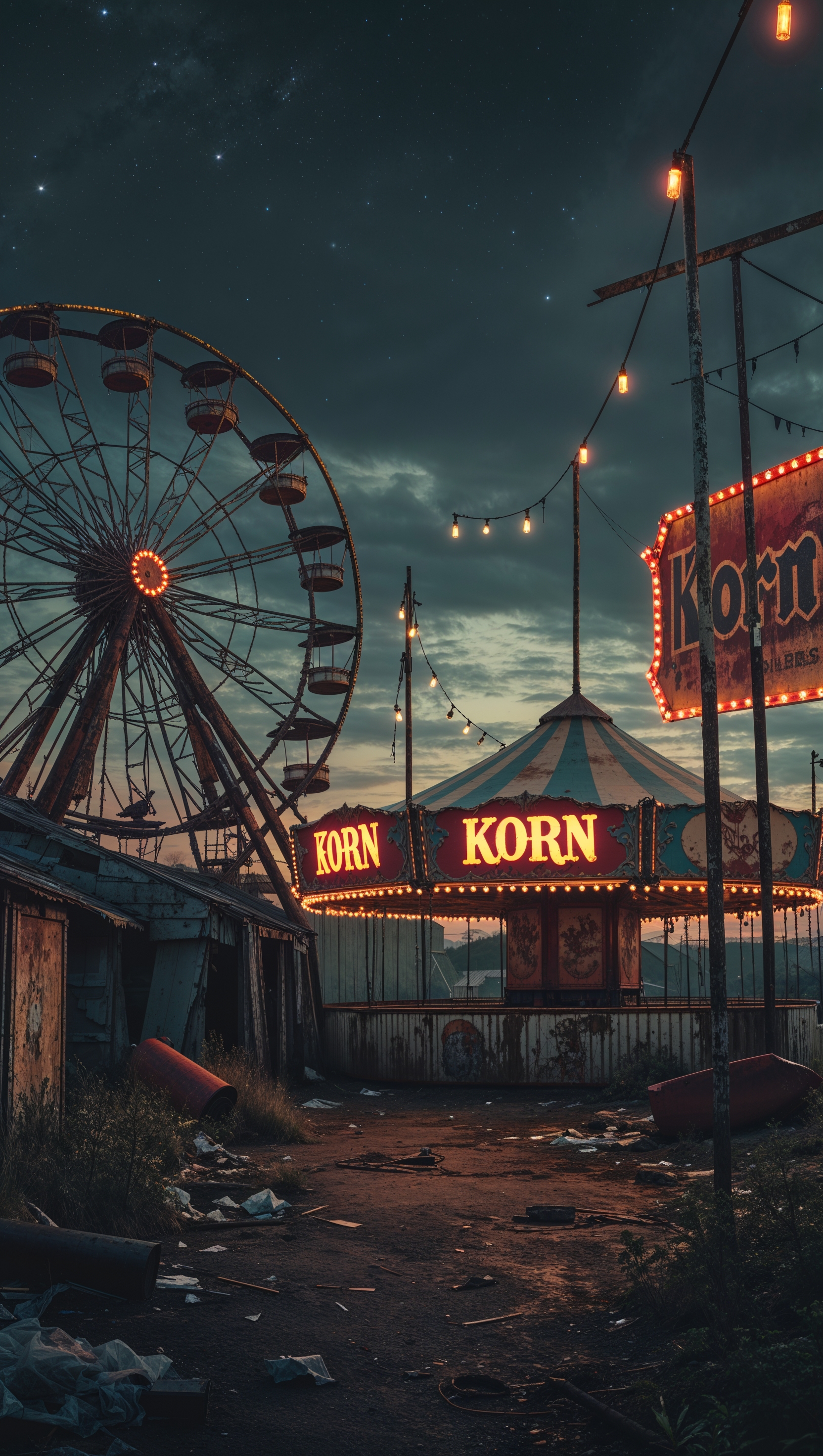 Haunted carnival with Korn signs, creepy mood, iPhone wallpaper