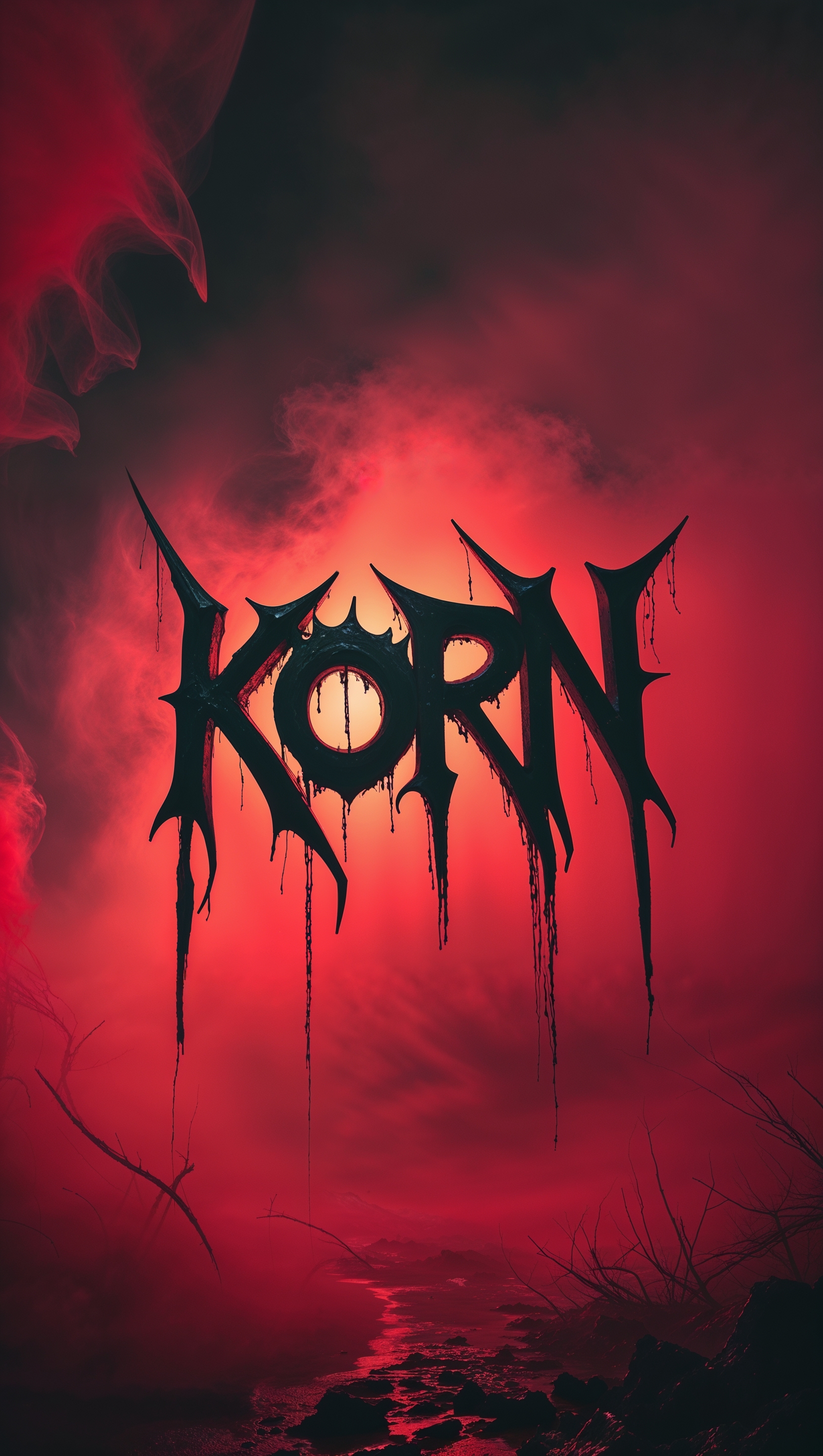 Red fog with floating Korn logo, horror aesthetic, iPhone wallpaper