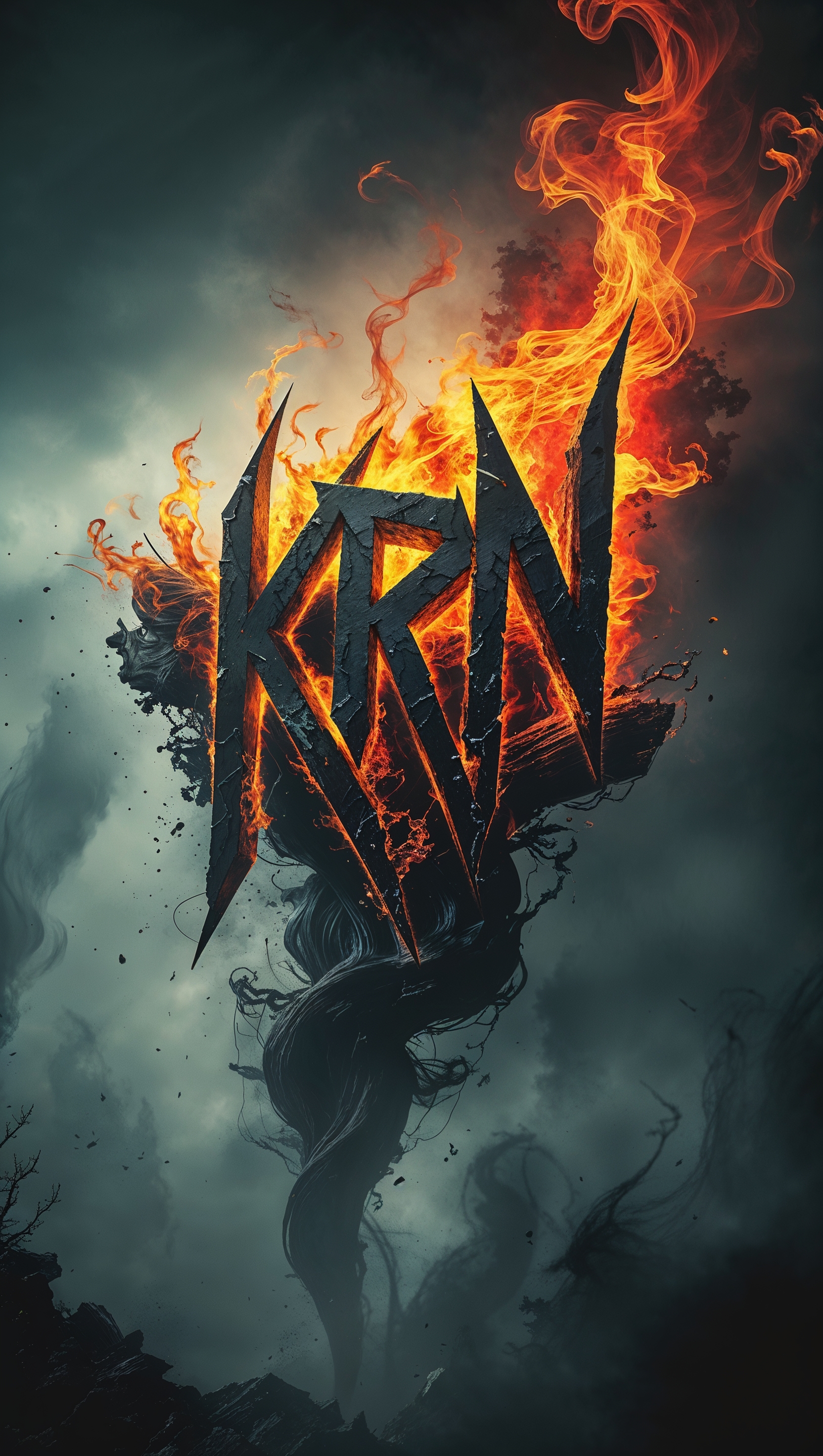 Korn logo made of fire and ash, dark fantasy vibe, iPhone wallpaper