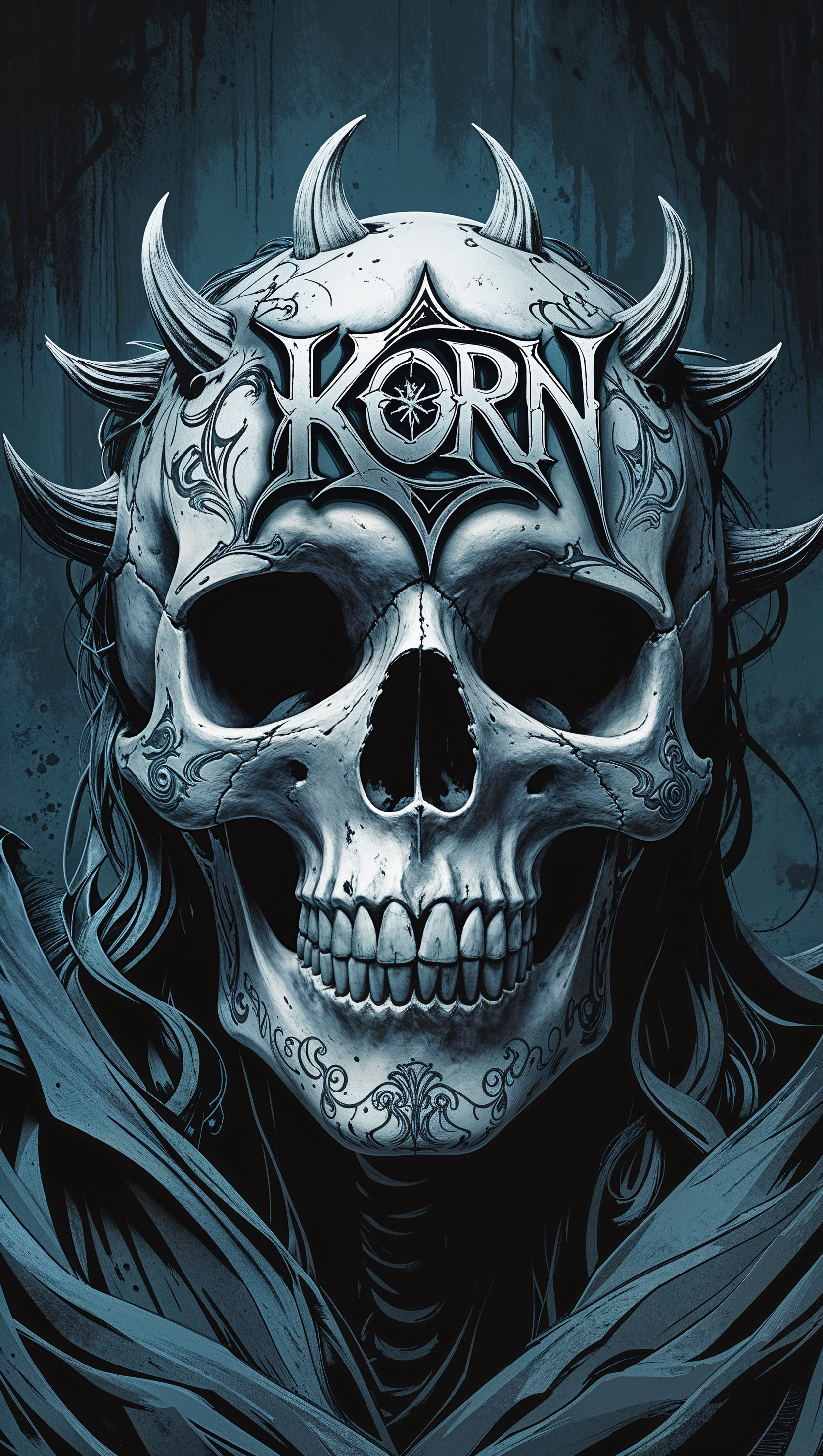 Skull with Korn logo engraved, gothic style, iPhone wallpaper