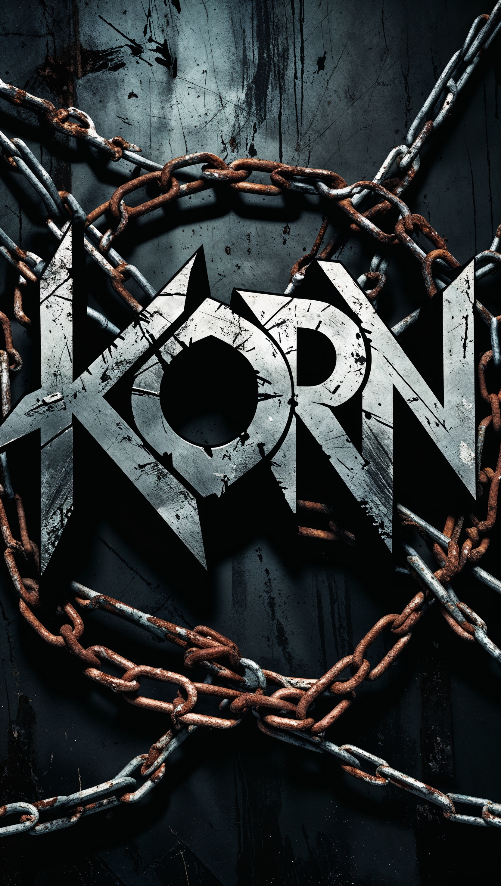 Korn logo made of chains and barbed wire, metallic texture, iPhone wallpaper