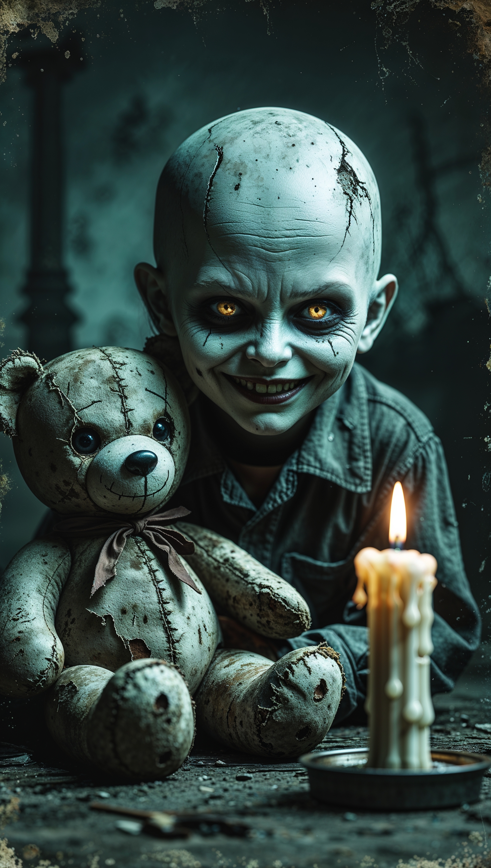 A creepy child holding a Korn teddy bear, horror theme, iPhone wallpaper