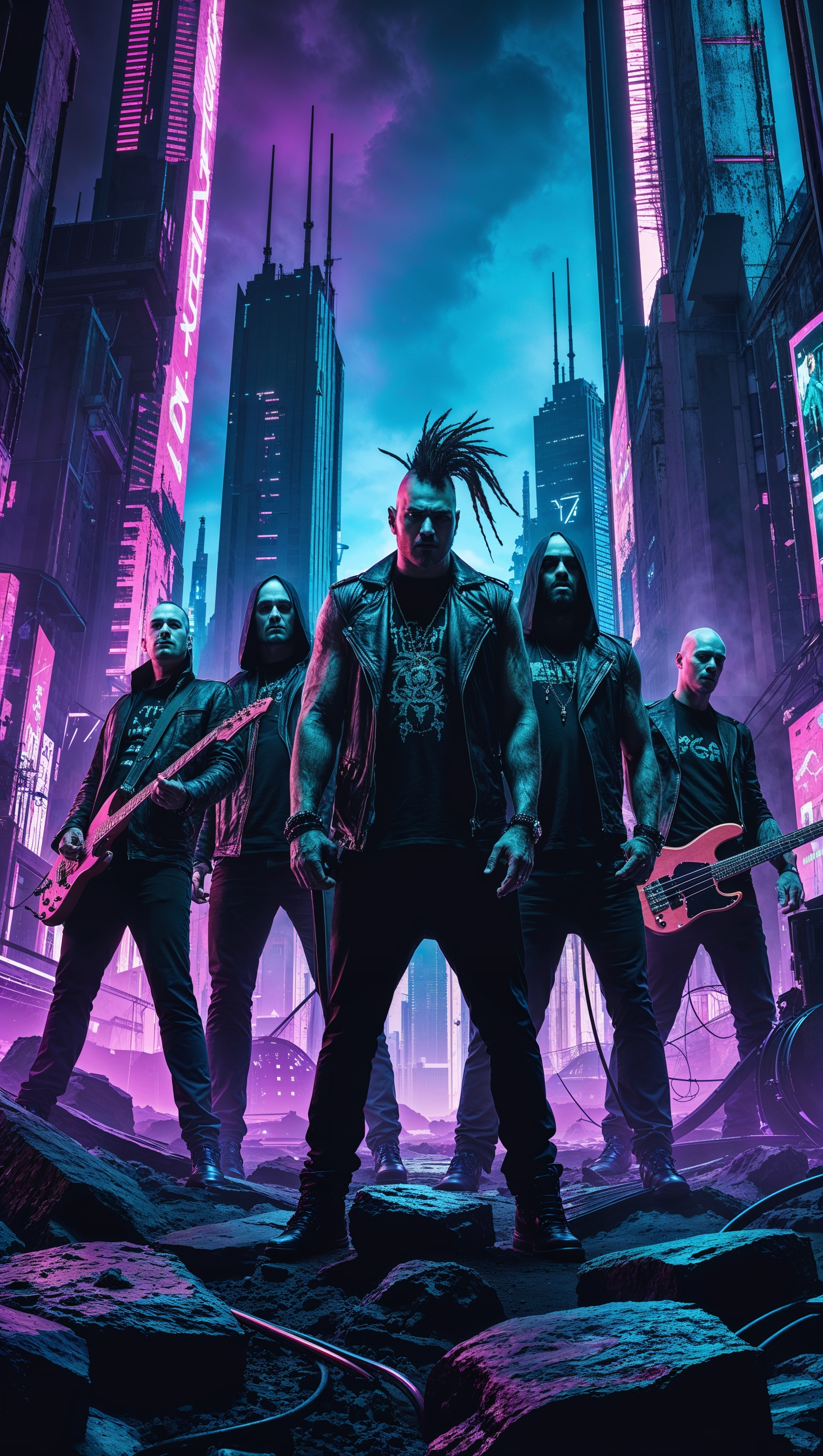 Korn band in dystopian city, cyberpunk style, iPhone wallpaper