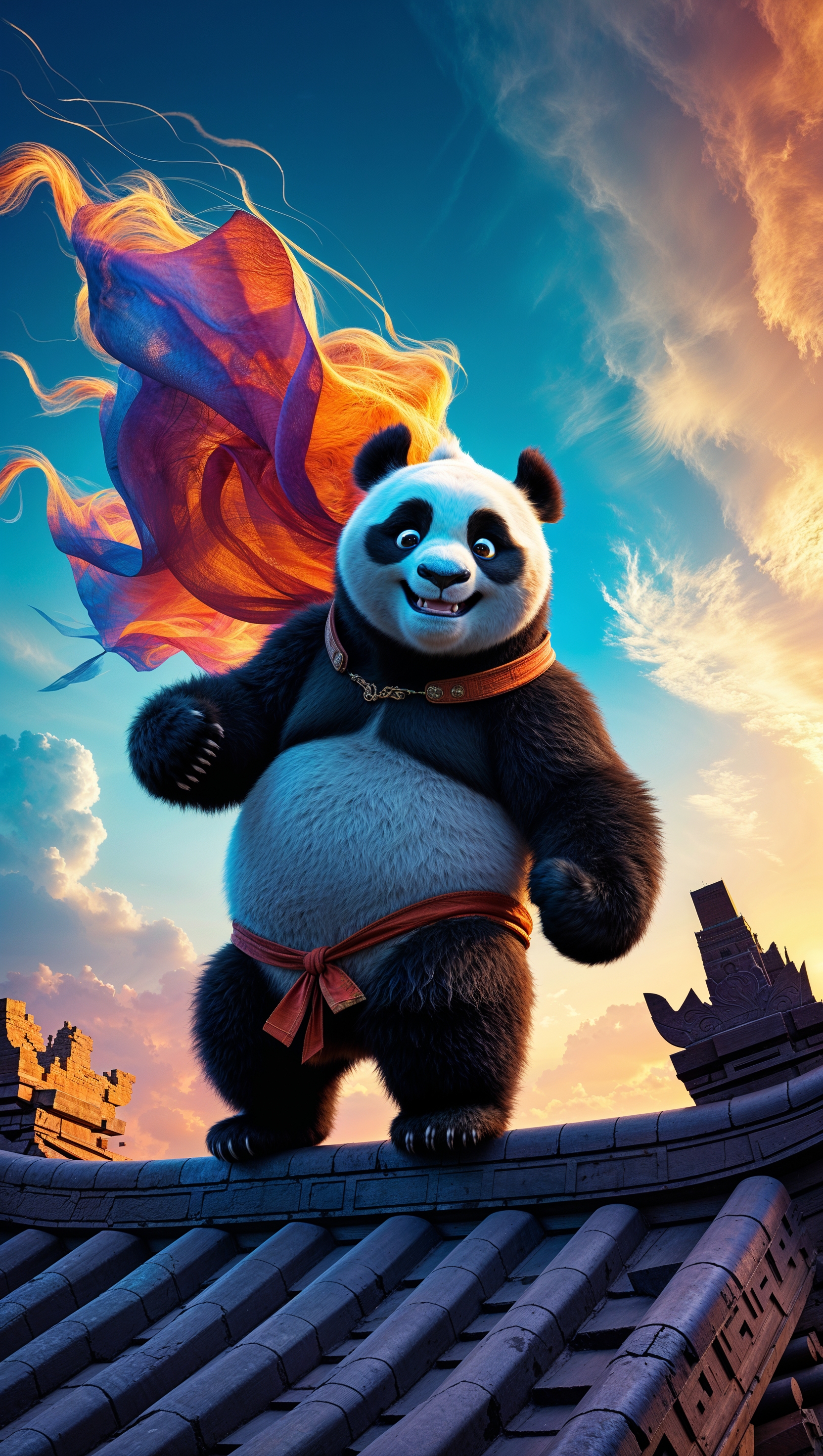 Po standing on a temple rooftop with his cape flowing in the wind
