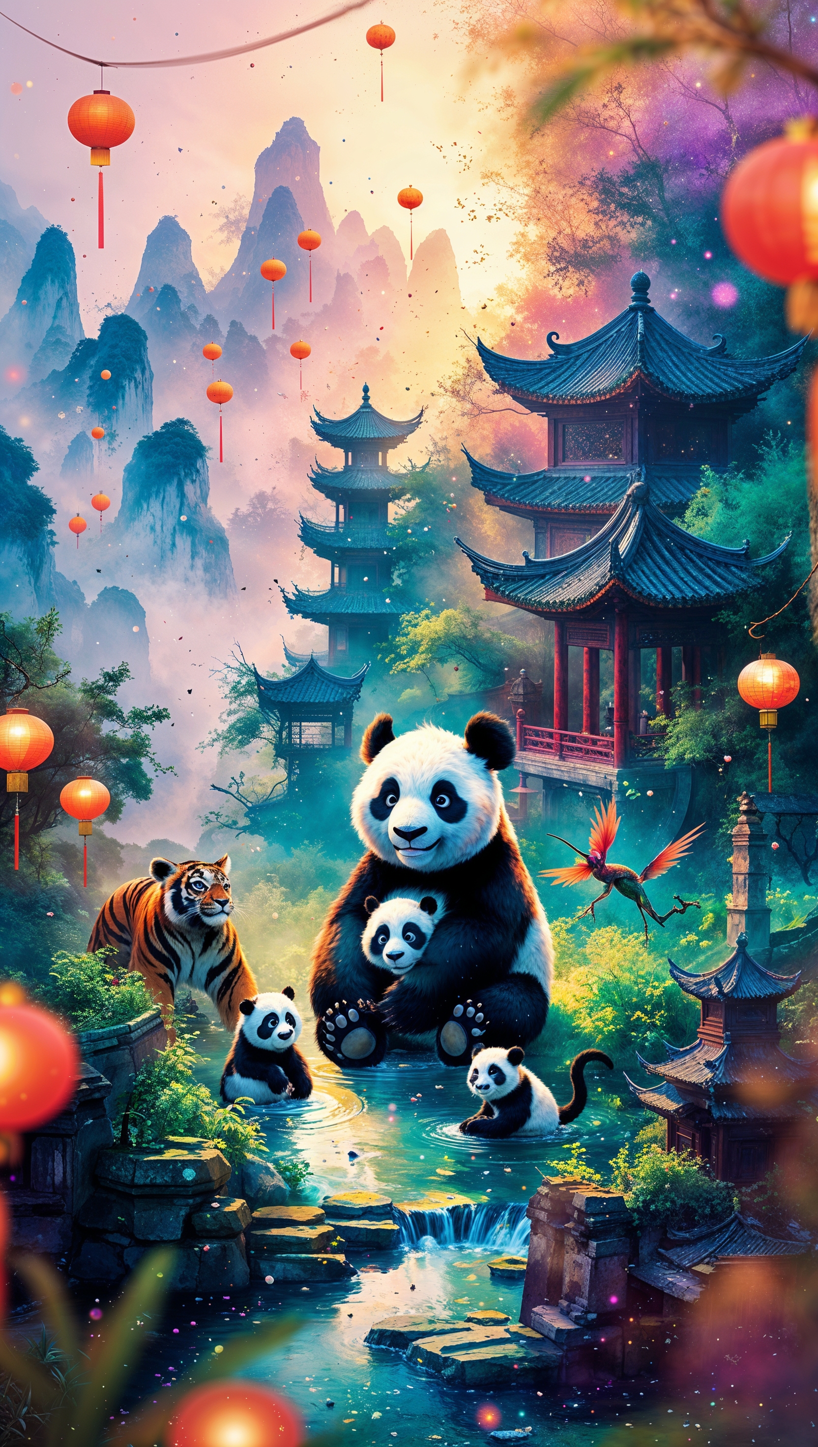 A watercolor painting of Po with his friends in the Valley of Peace