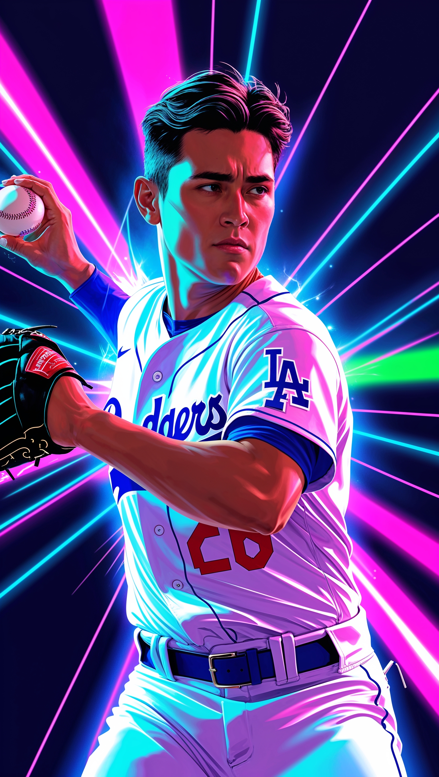 LA Dodgers player throwing a ball with neon effects