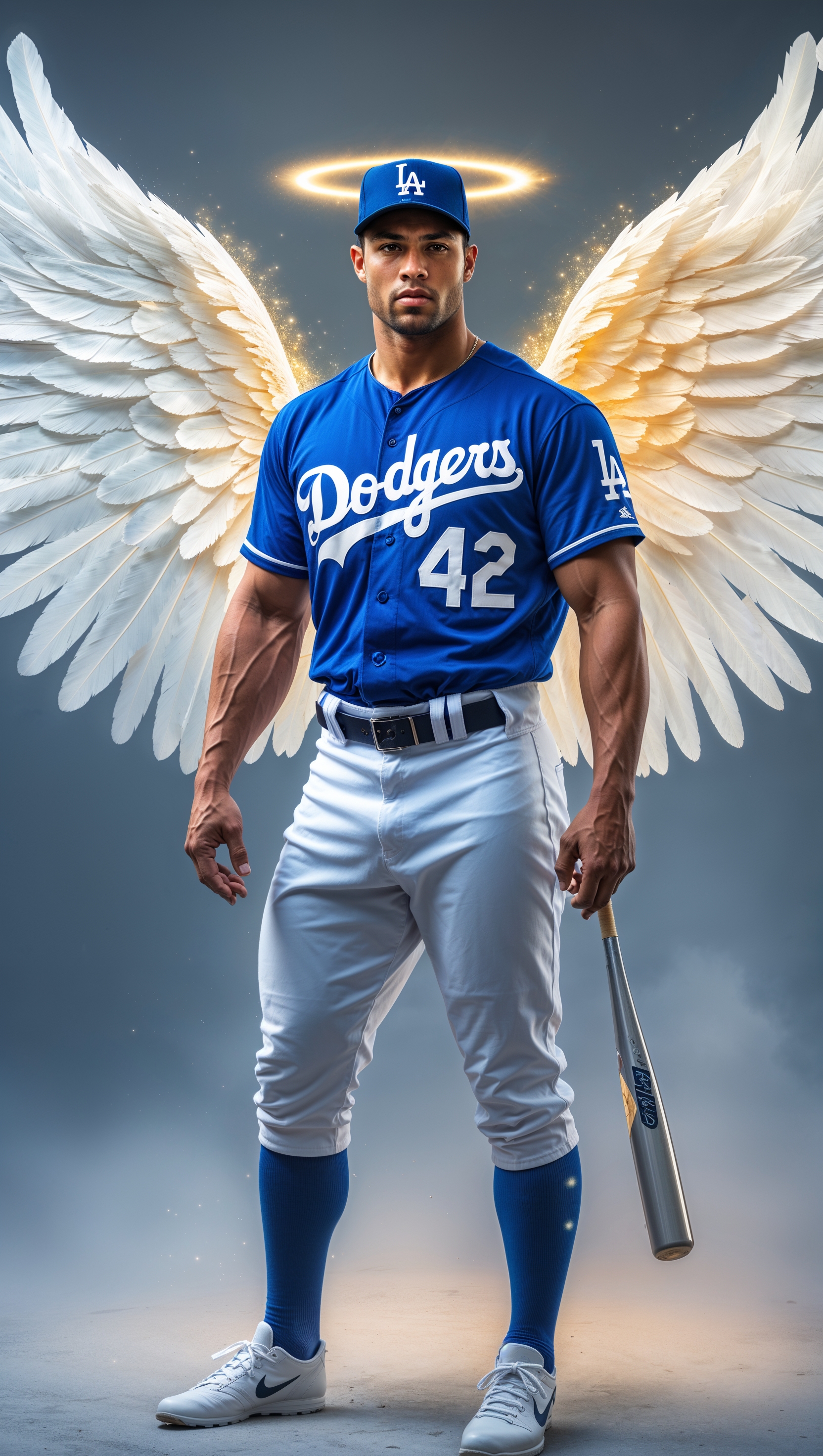 LA Dodgers player with angel wings, fantasy style