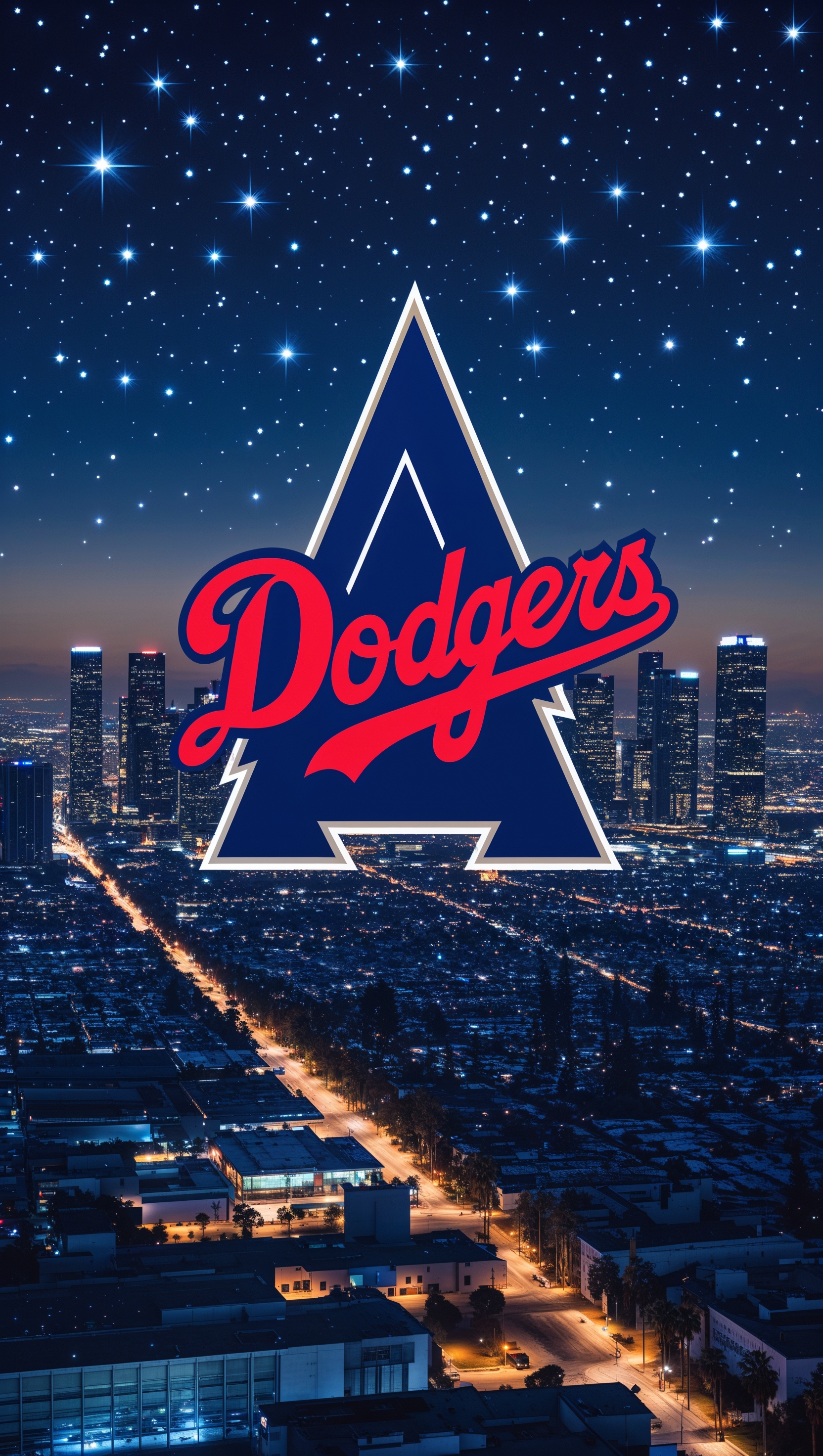 Night view of LA Dodgers logo with stars in the sky