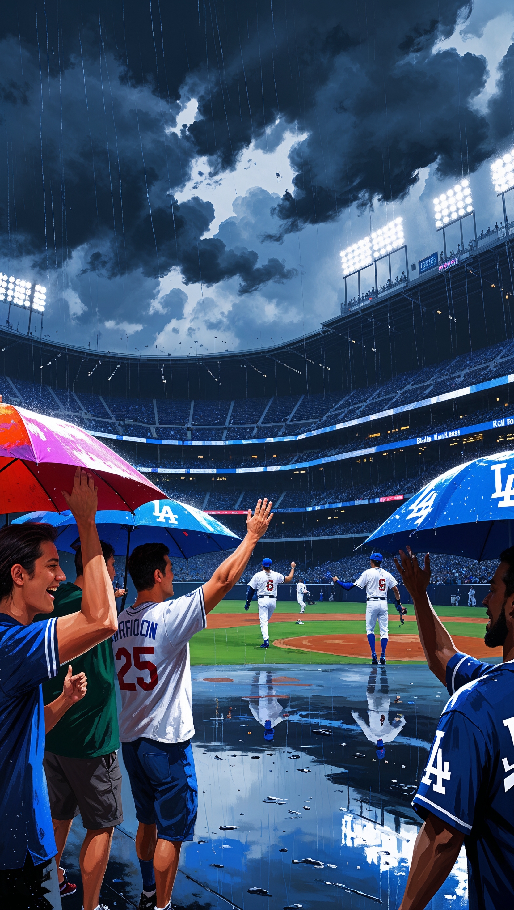 Digital painting of LA Dodgers game in the rain