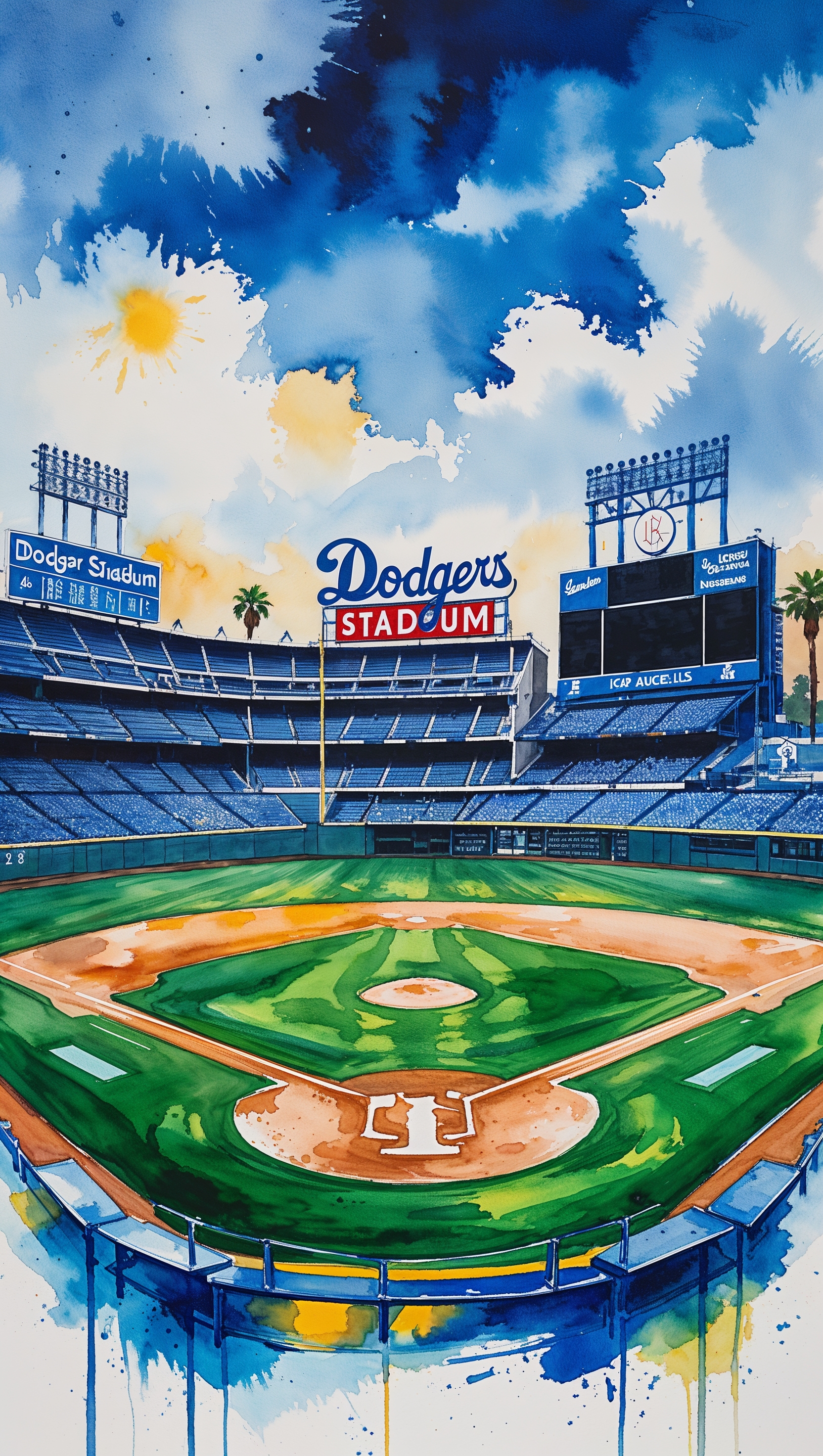Watercolor painting of the LA Dodgers stadium