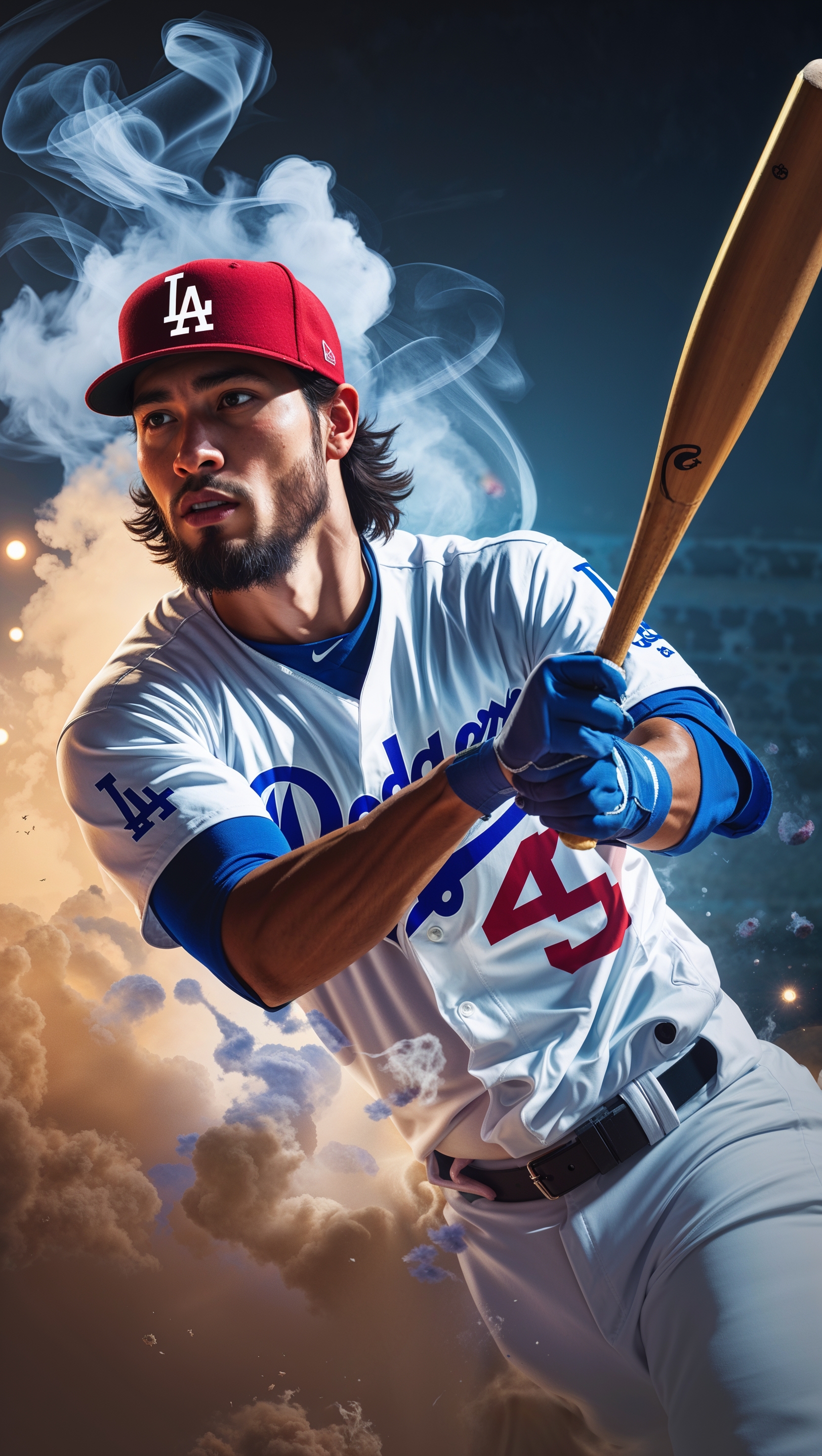 LA Dodgers player in action with smoke and light