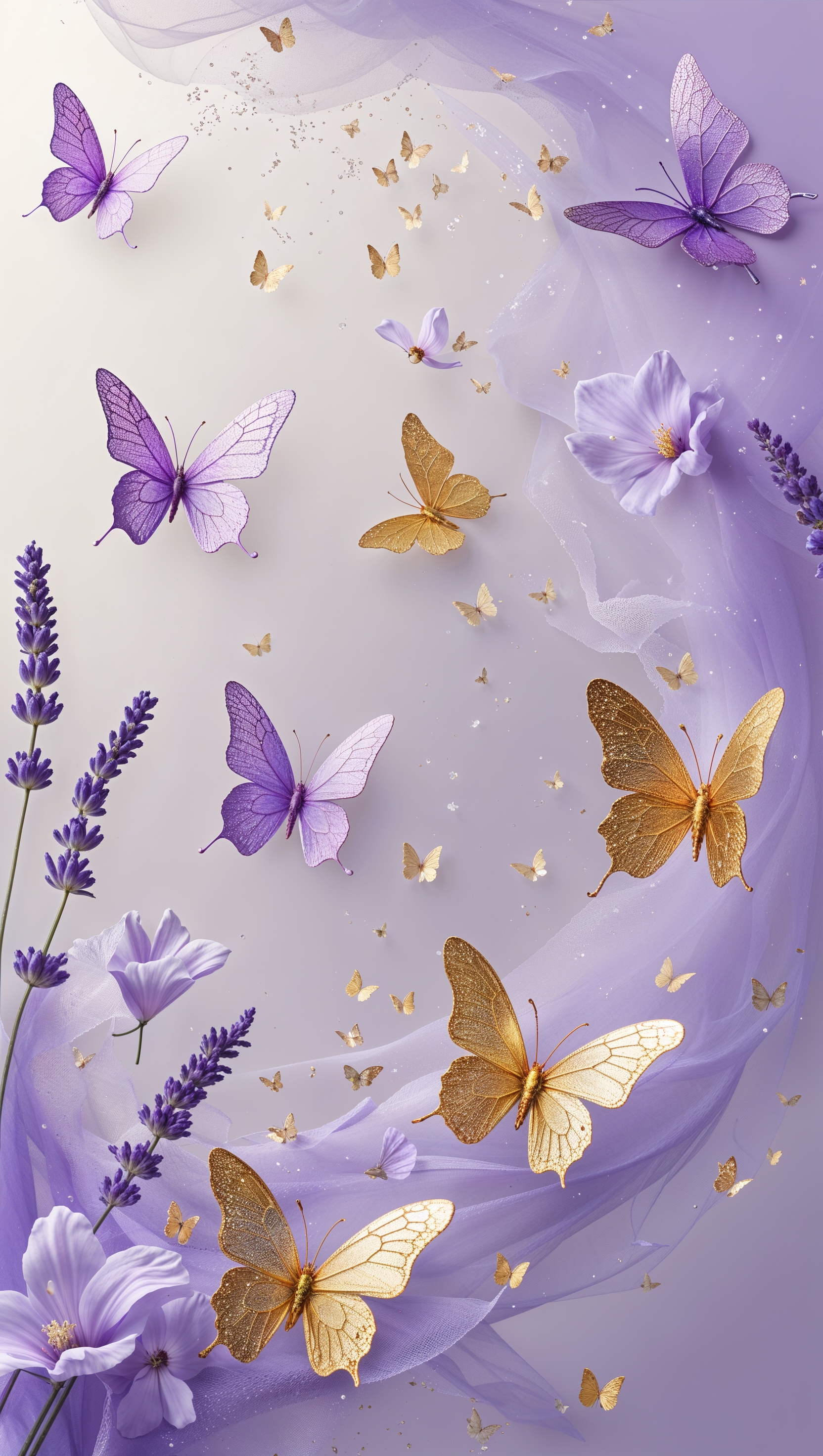 iPhone wallpaper with lavender and golden butterflies