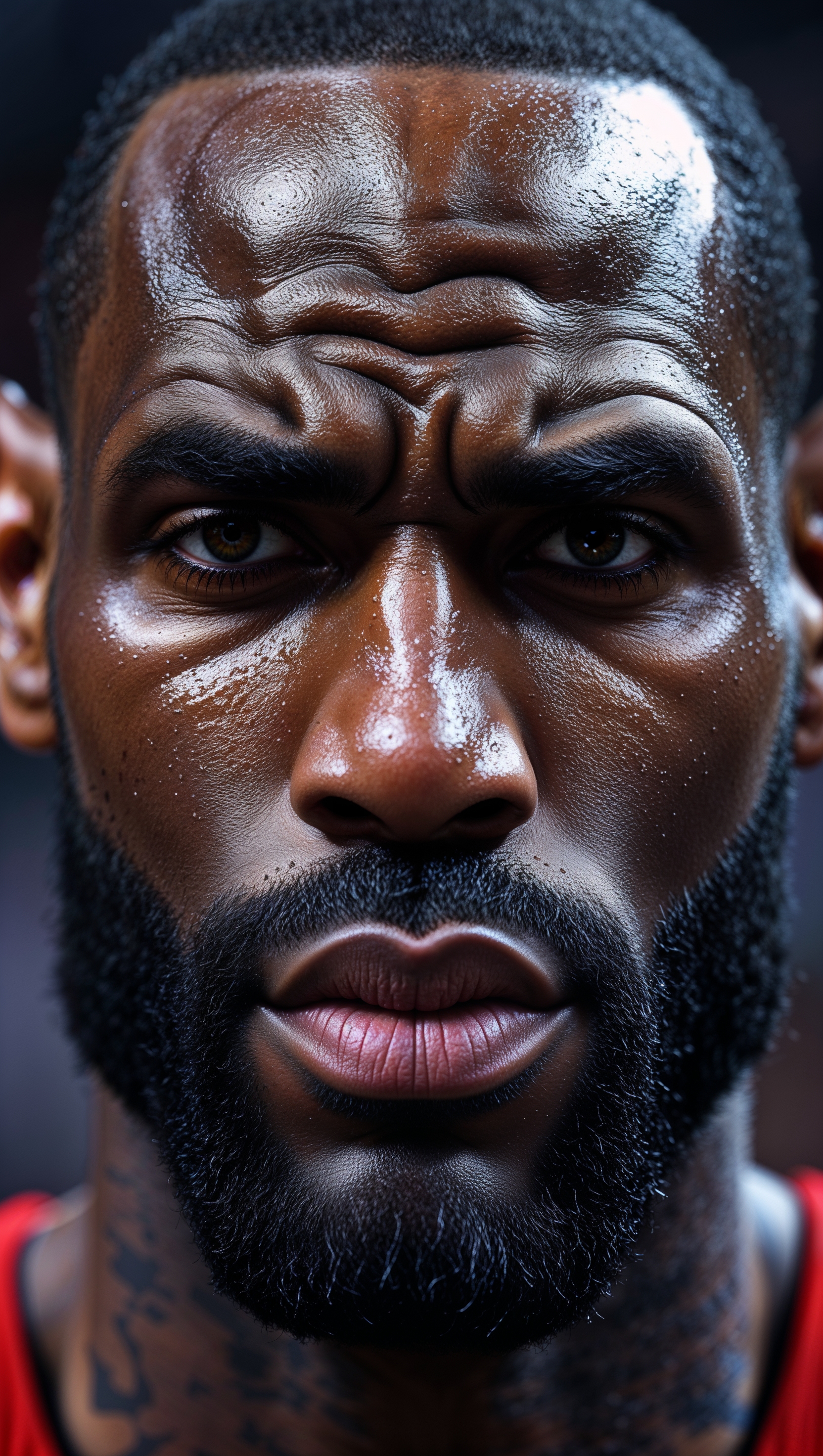 Close-up of a thoughtful LeBron James