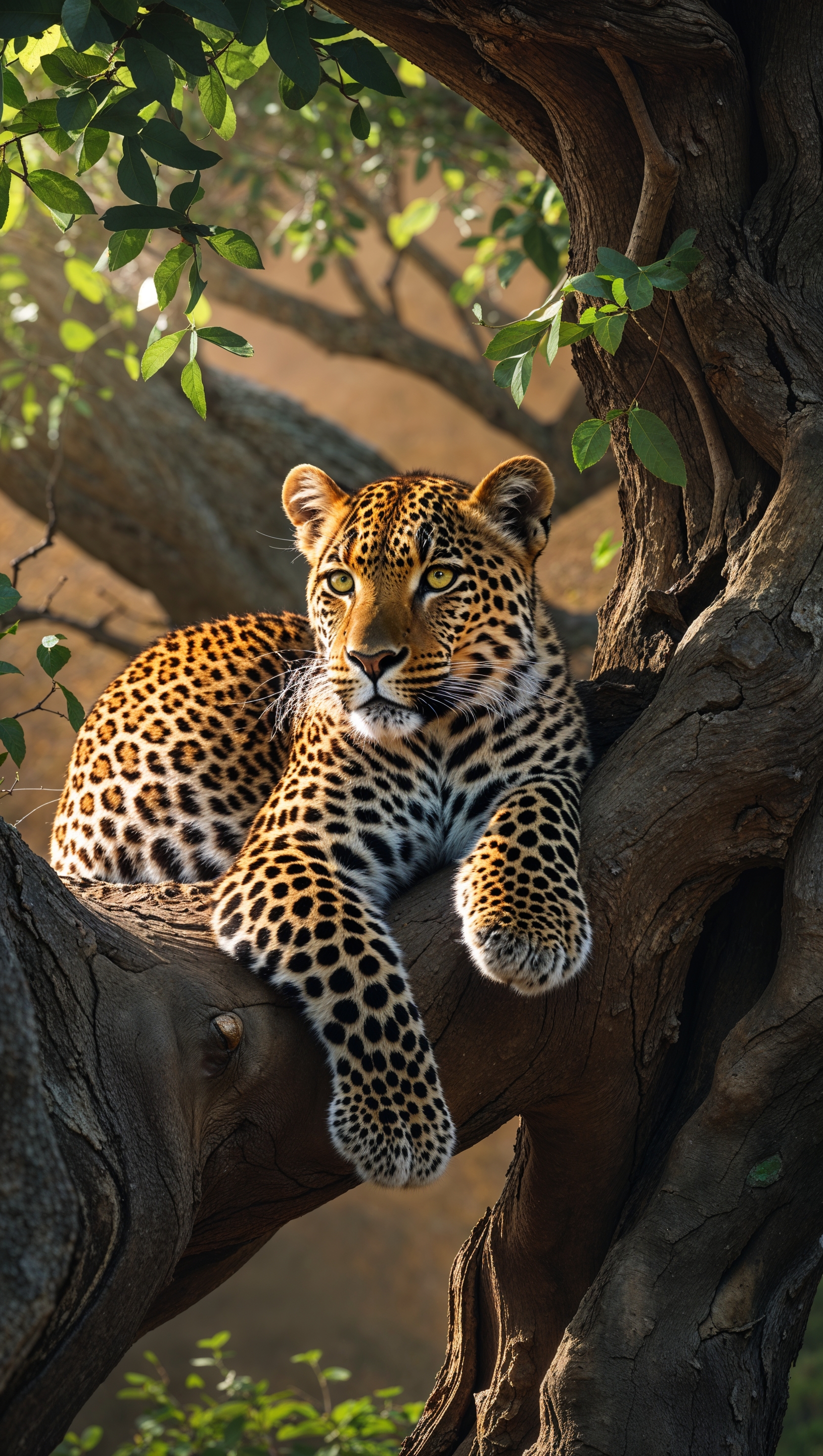 iPhone wallpaper with a leopard resting on a tree