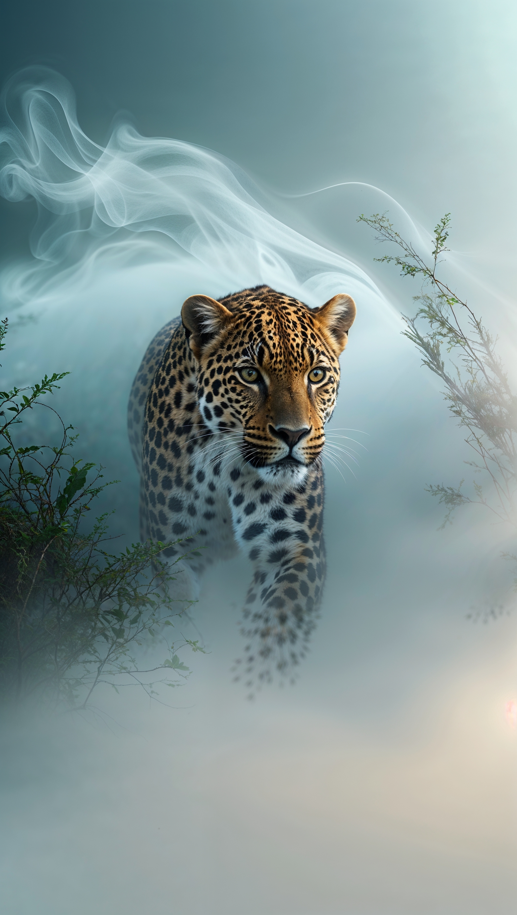 iPhone wallpaper with a leopard and morning fog