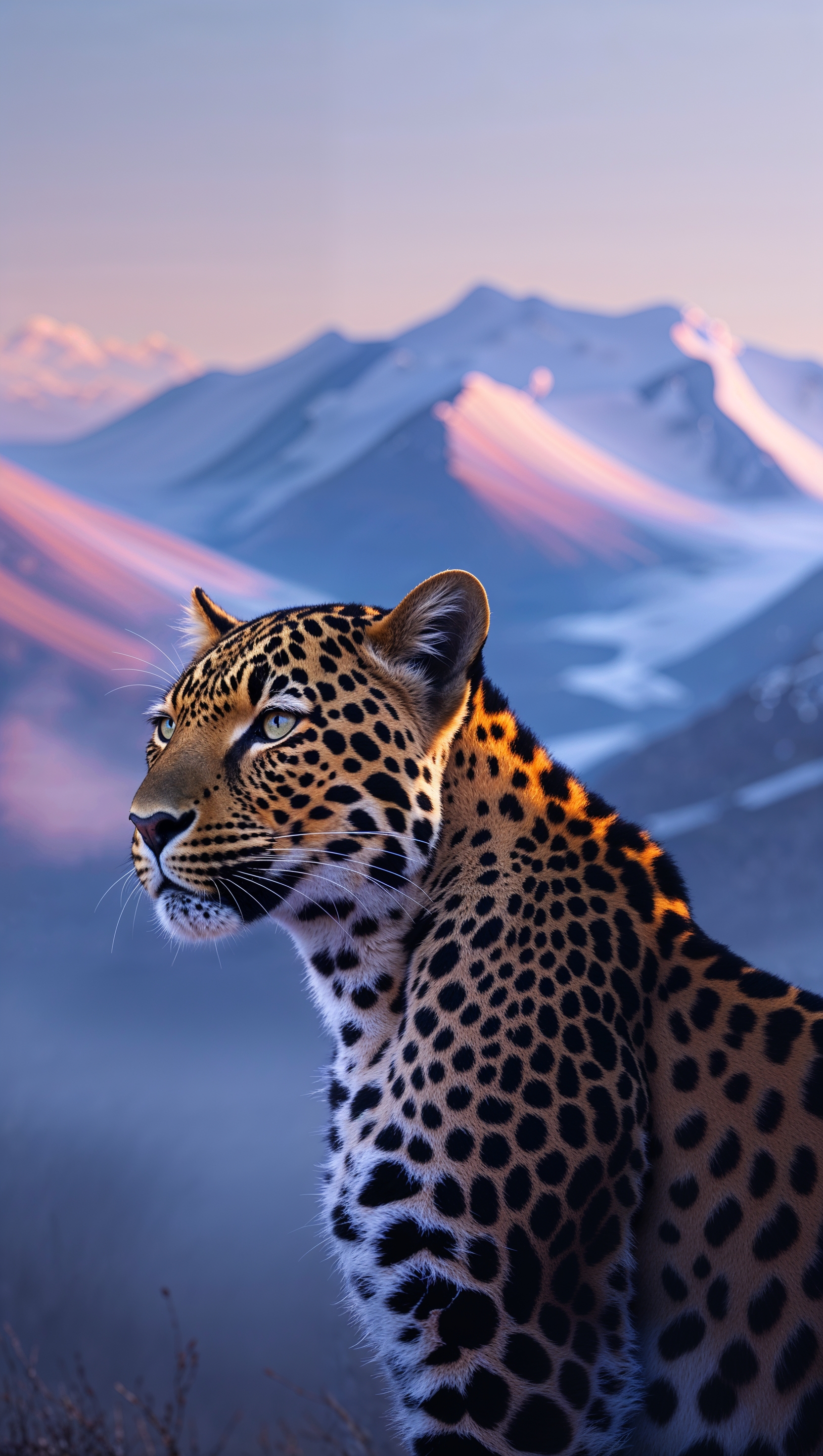 iPhone wallpaper with a leopard and snowy mountains