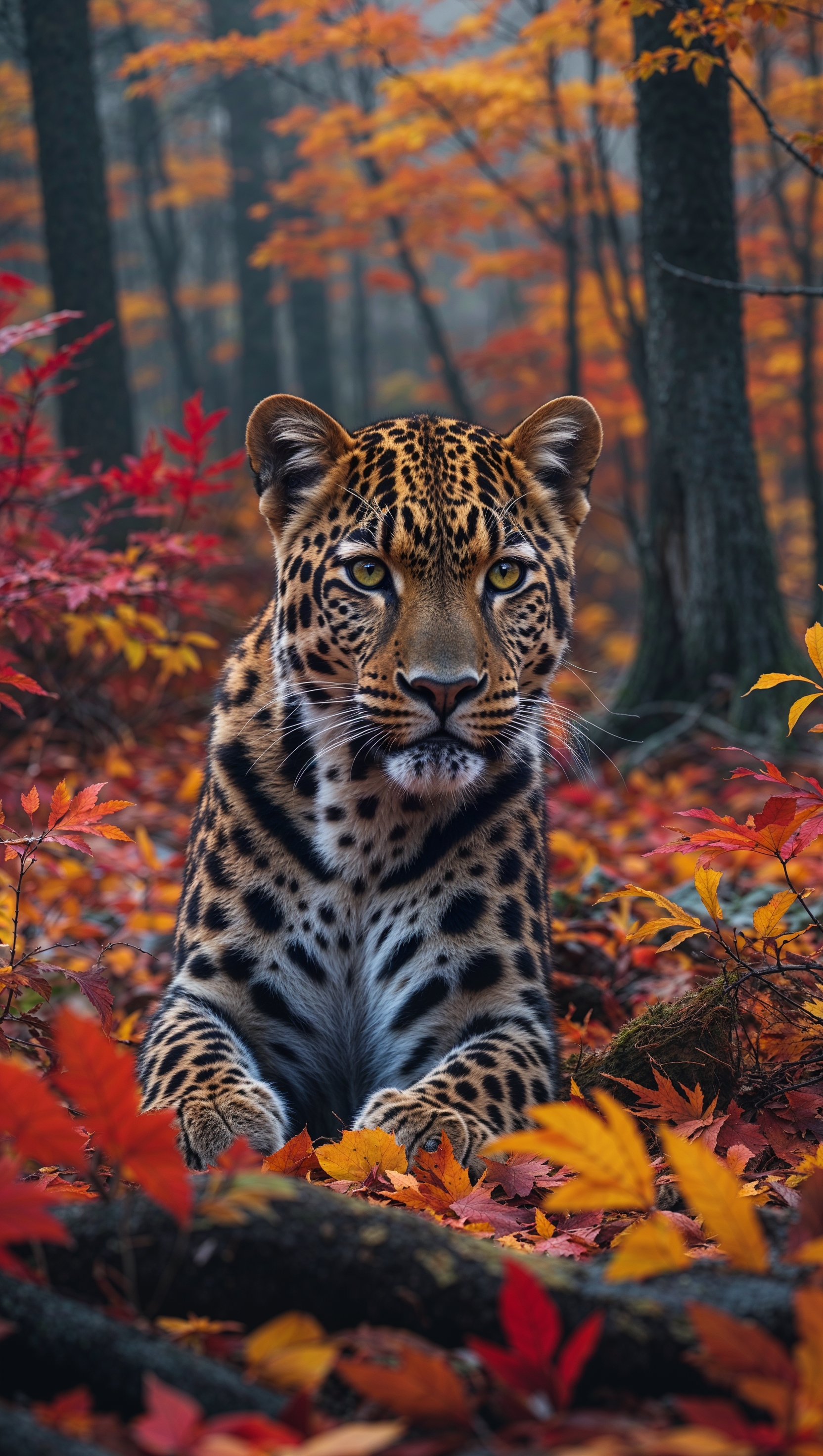 Leopard iPhone wallpaper with autumn forest