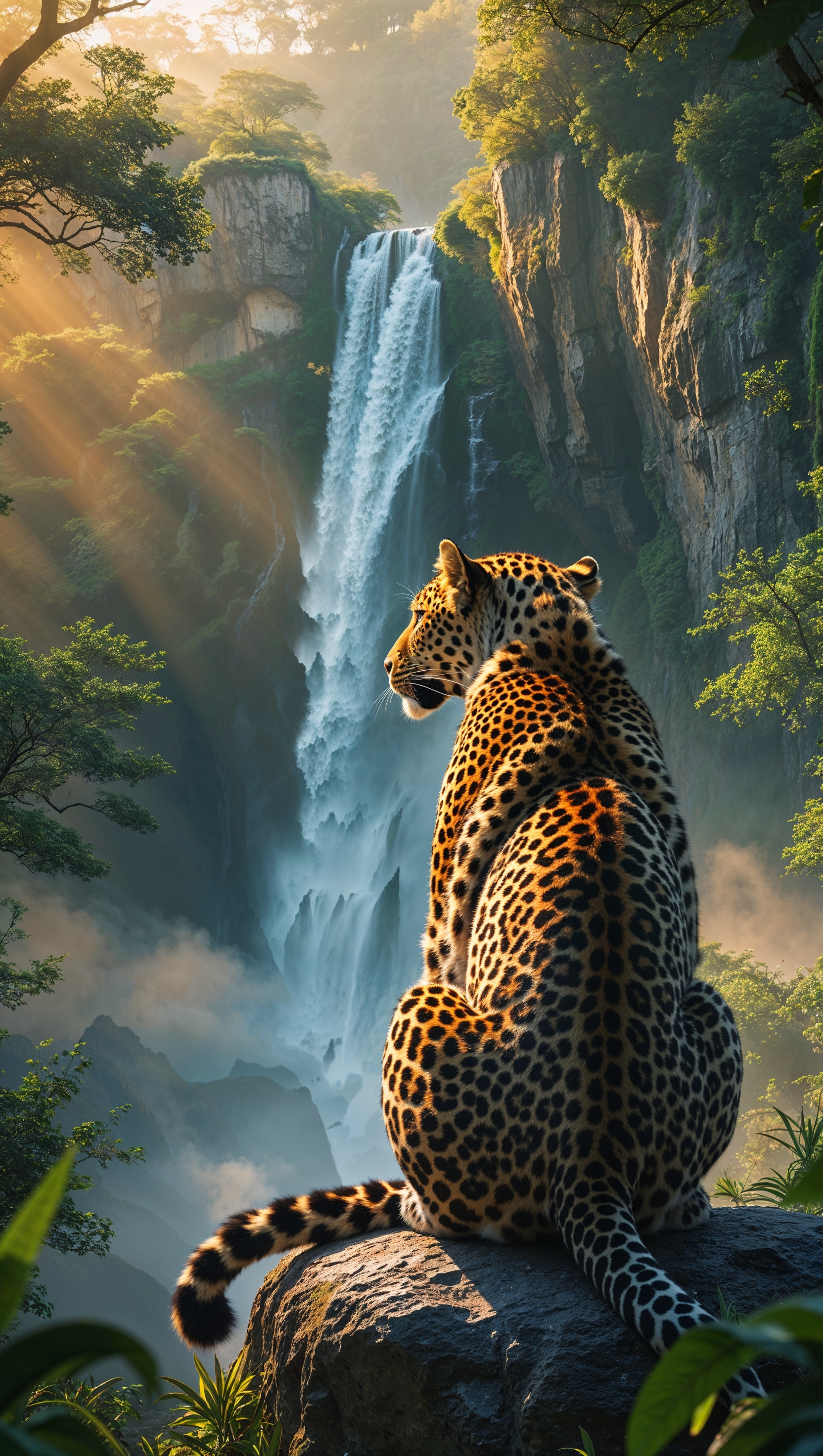 iPhone wallpaper with a leopard and waterfall
