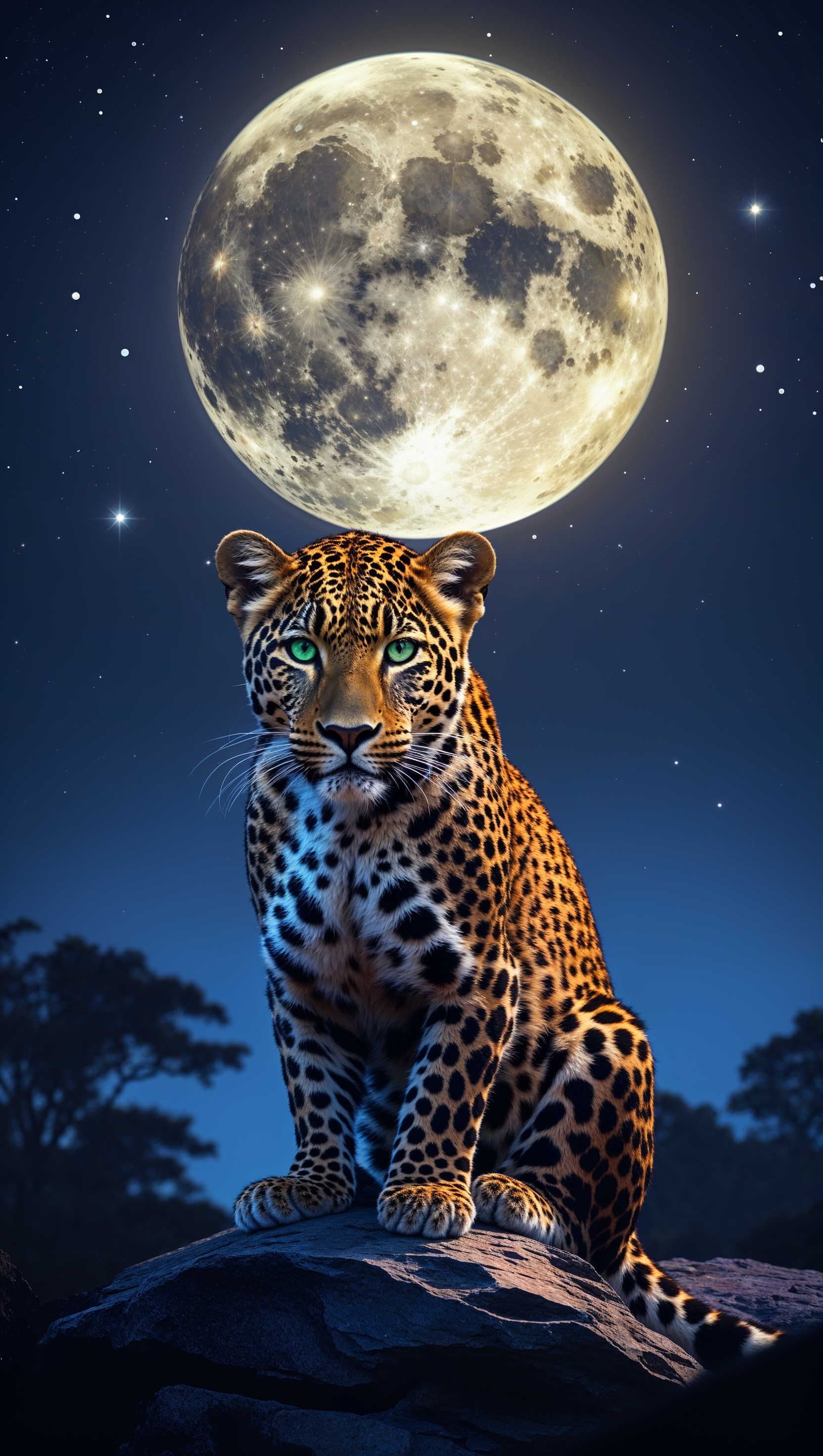iPhone wallpaper with a leopard watching the moon