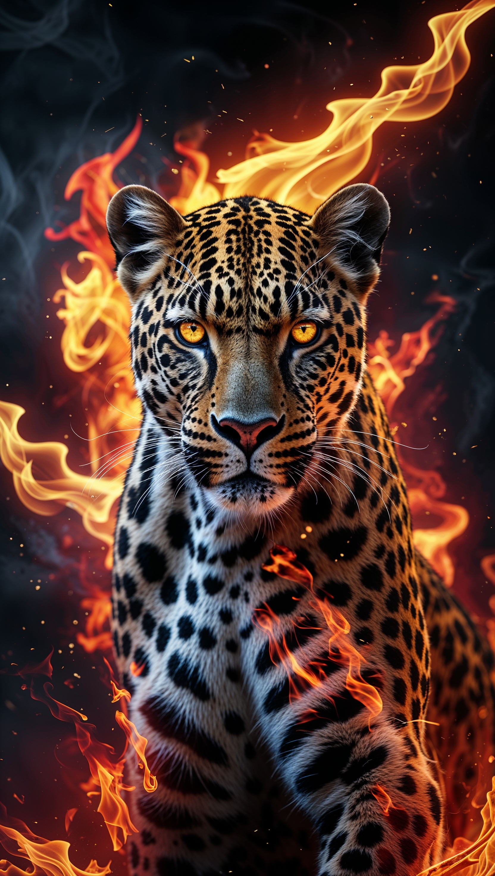 iPhone wallpaper with a leopard and flames