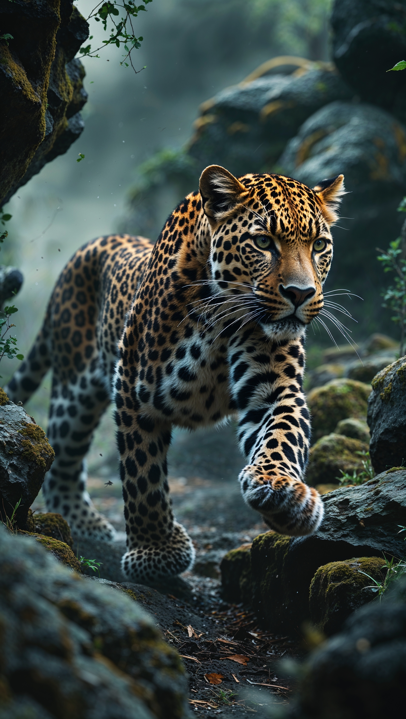 iPhone wallpaper with a leopard running on rocks