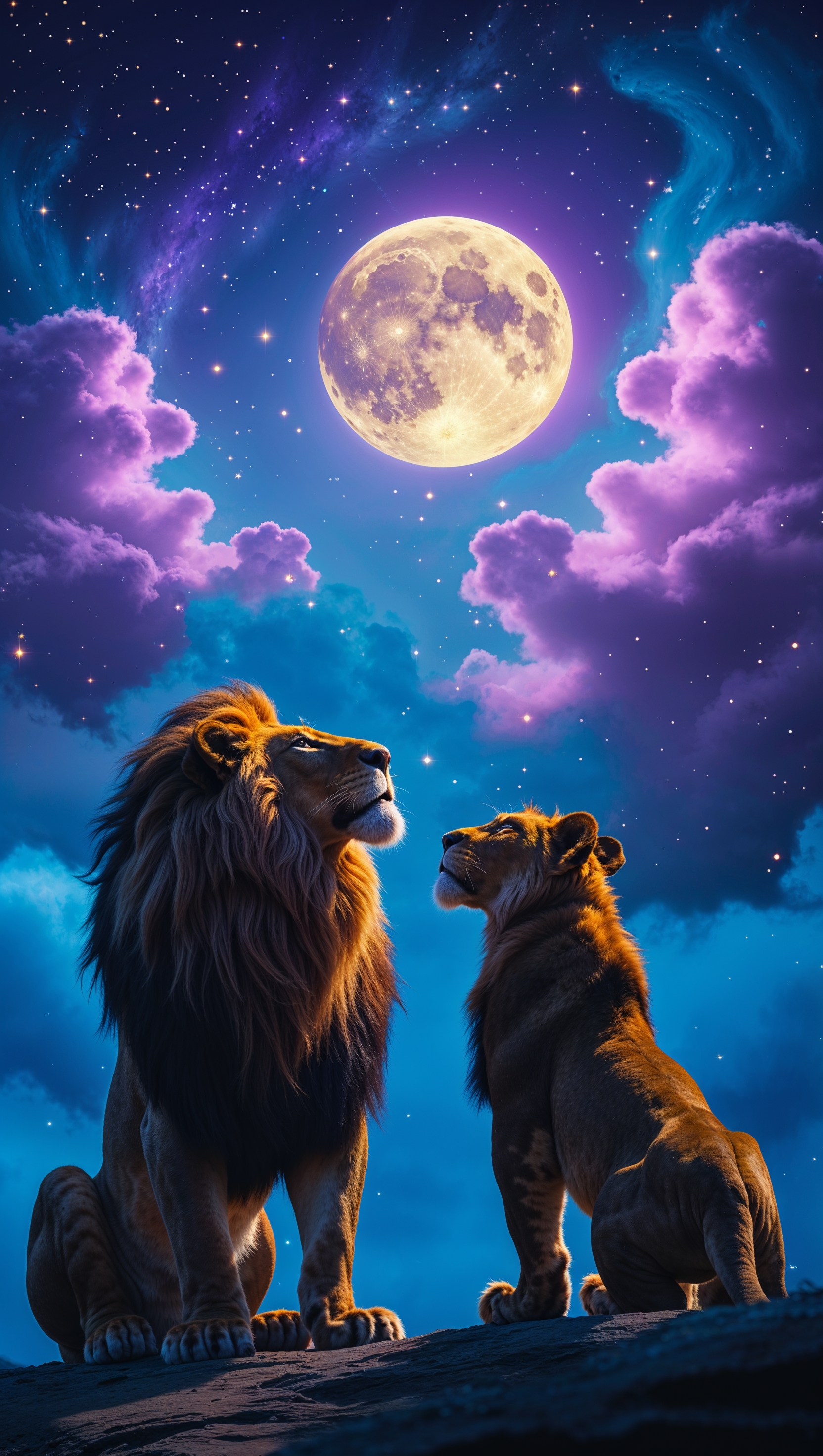 Mufasa and Simba gazing at the starry night sky, iPhone wallpaper