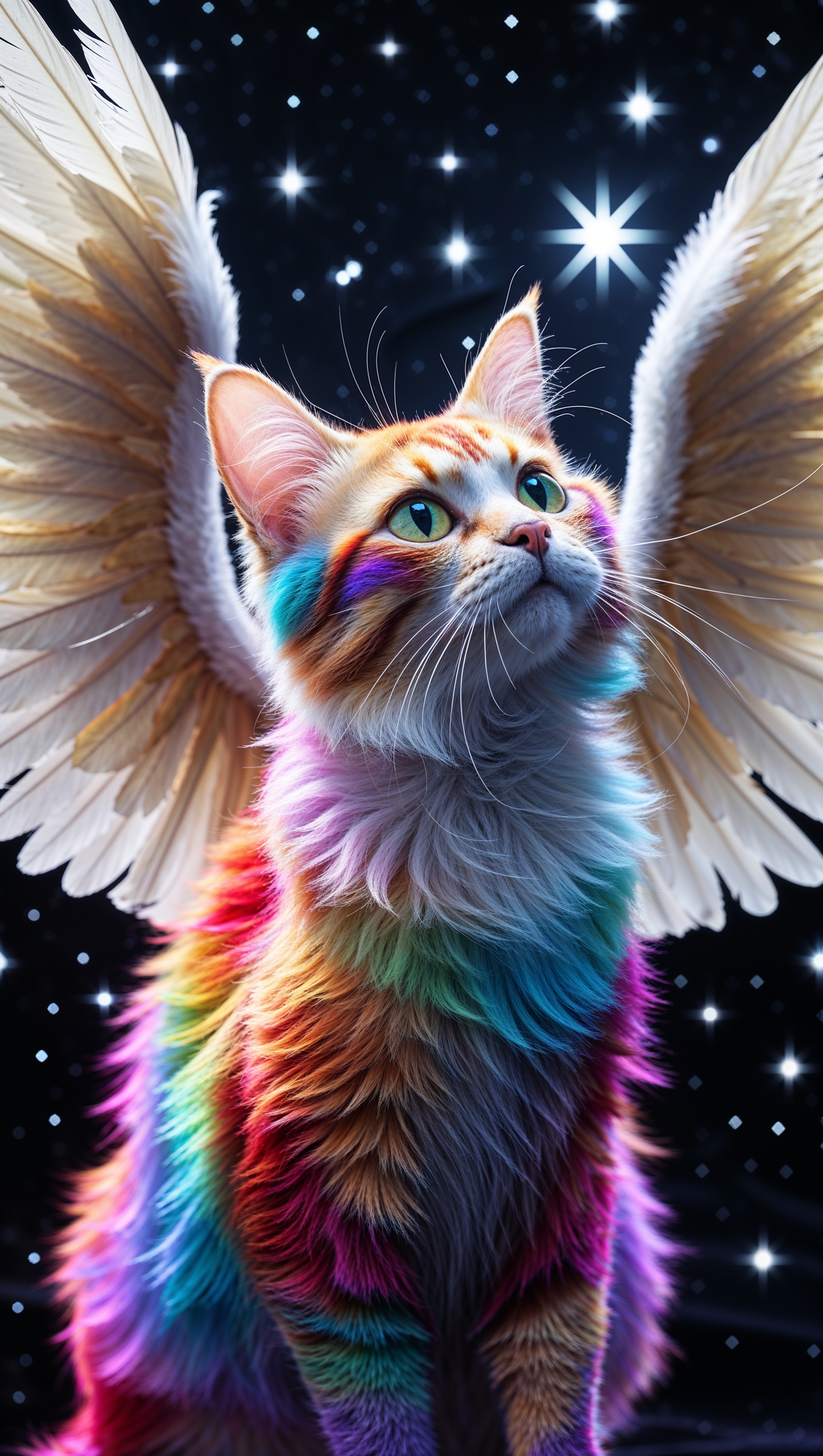 Rainbow cat with angel wings and starry background