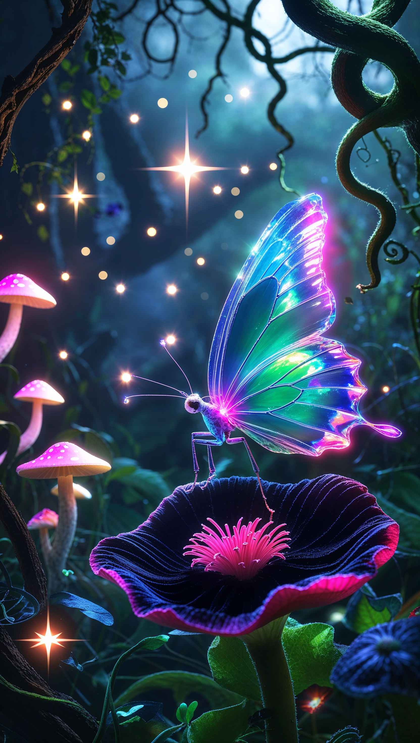 Teddy bear in an acid-color fantasy world, Lisa Frank style