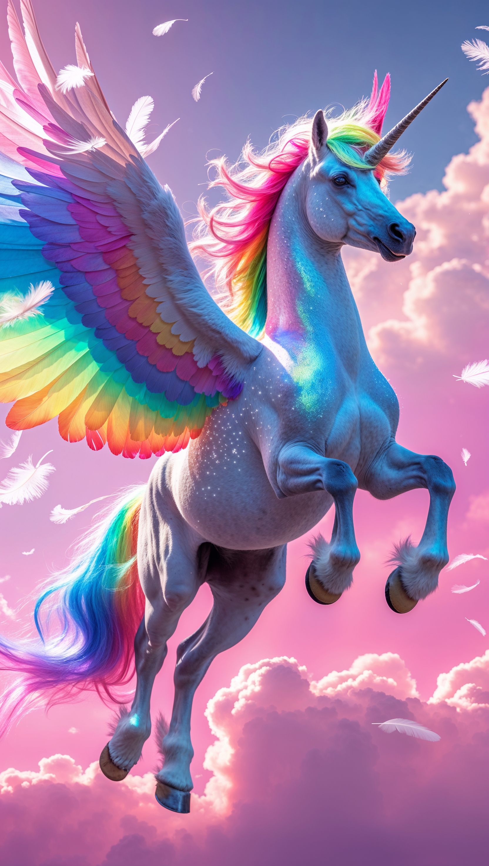 Pegasus with rainbow mane flying in a pink sky