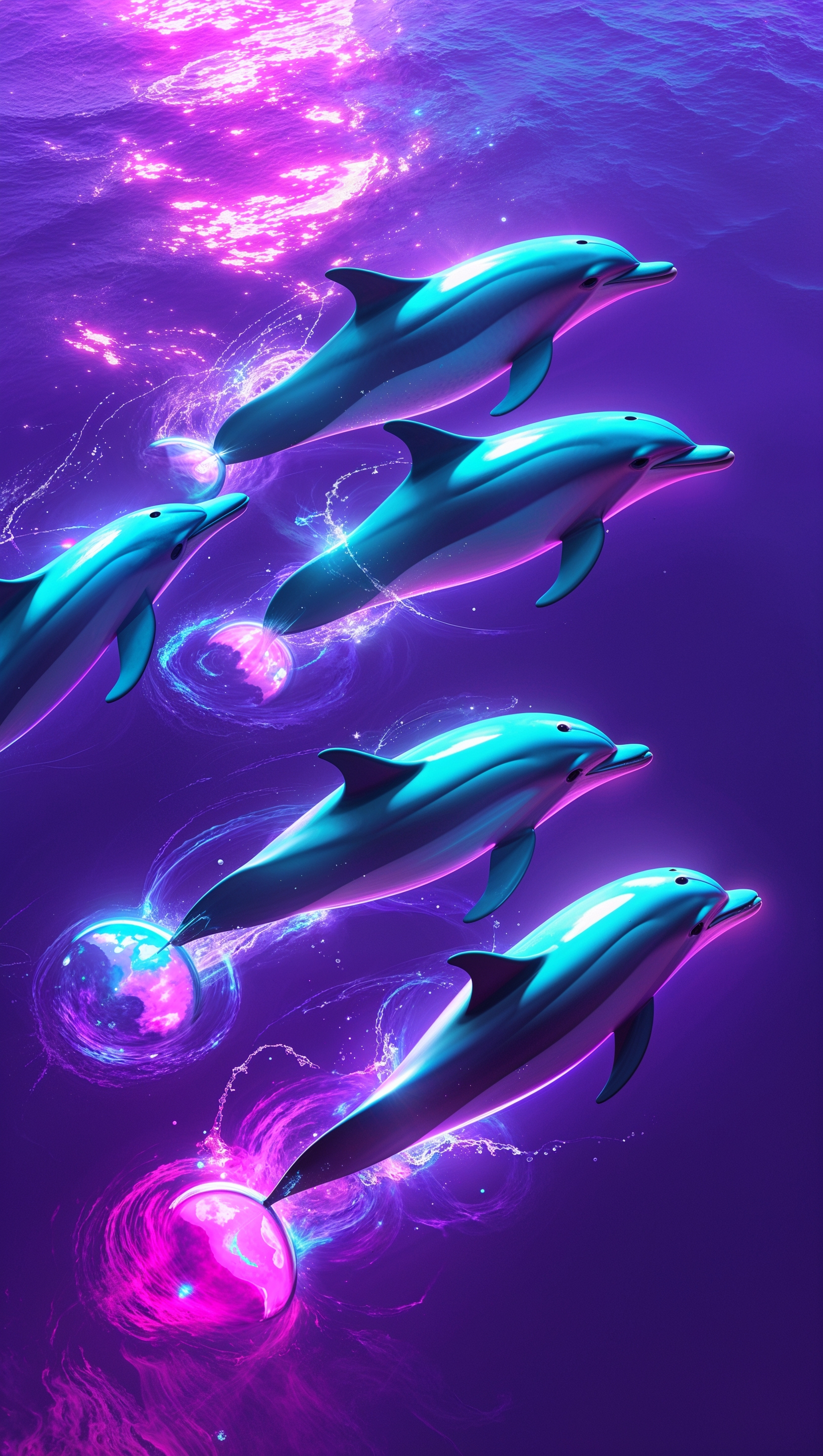 Glowing dolphins in a purple sea with fluorescent colors