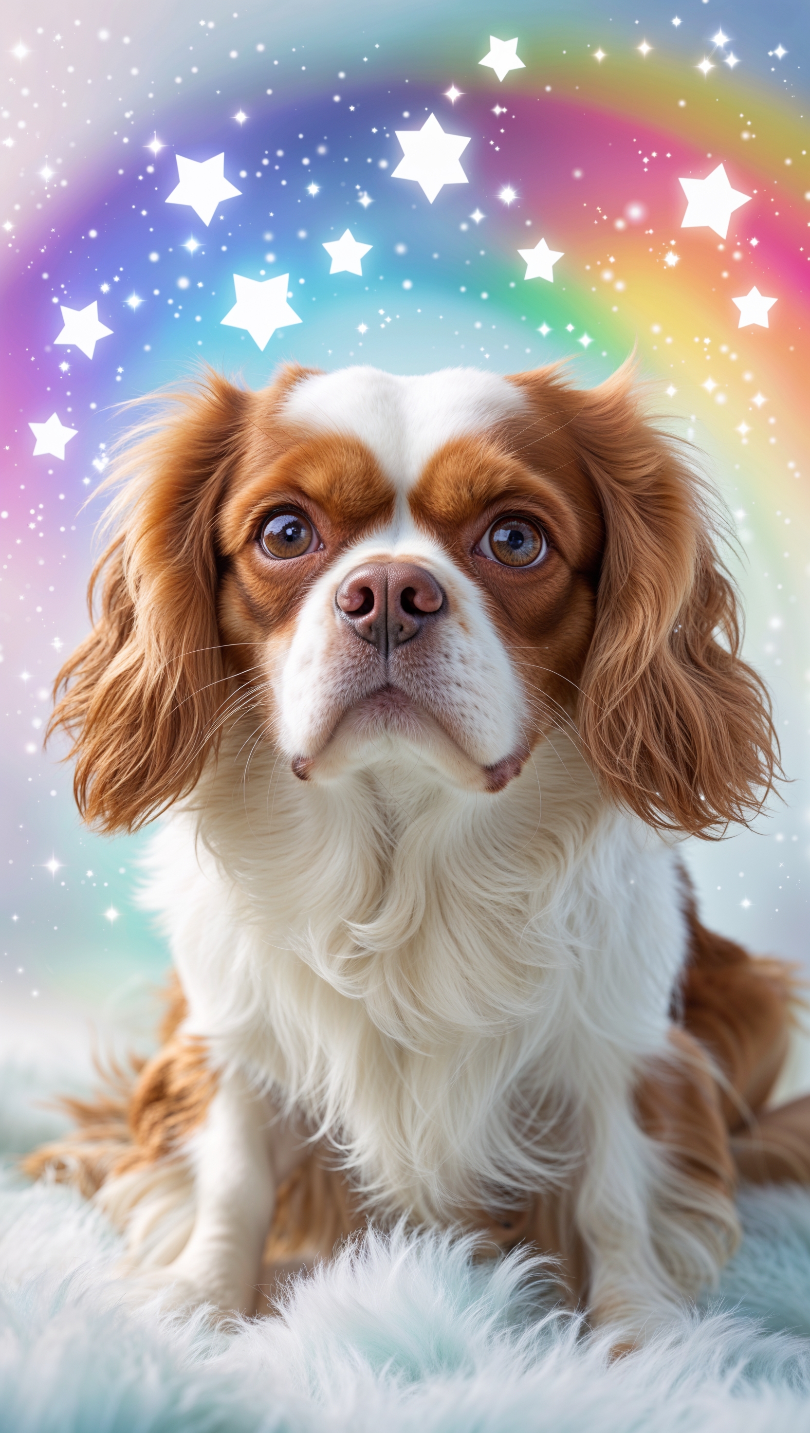 Cute cavalier king charles spaniel with rainbow and stars