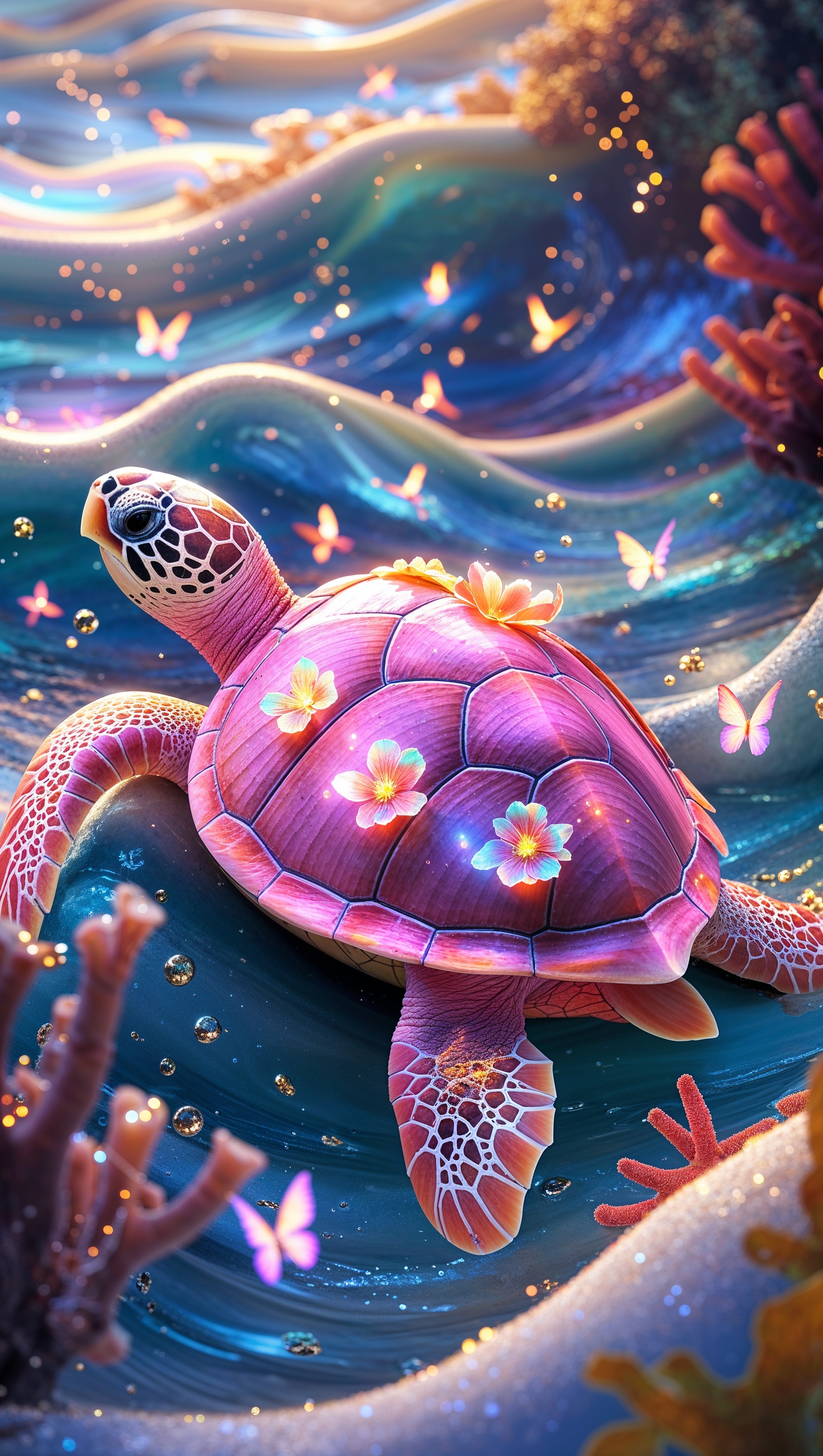 Pink turtle with glowing flowers under the sea