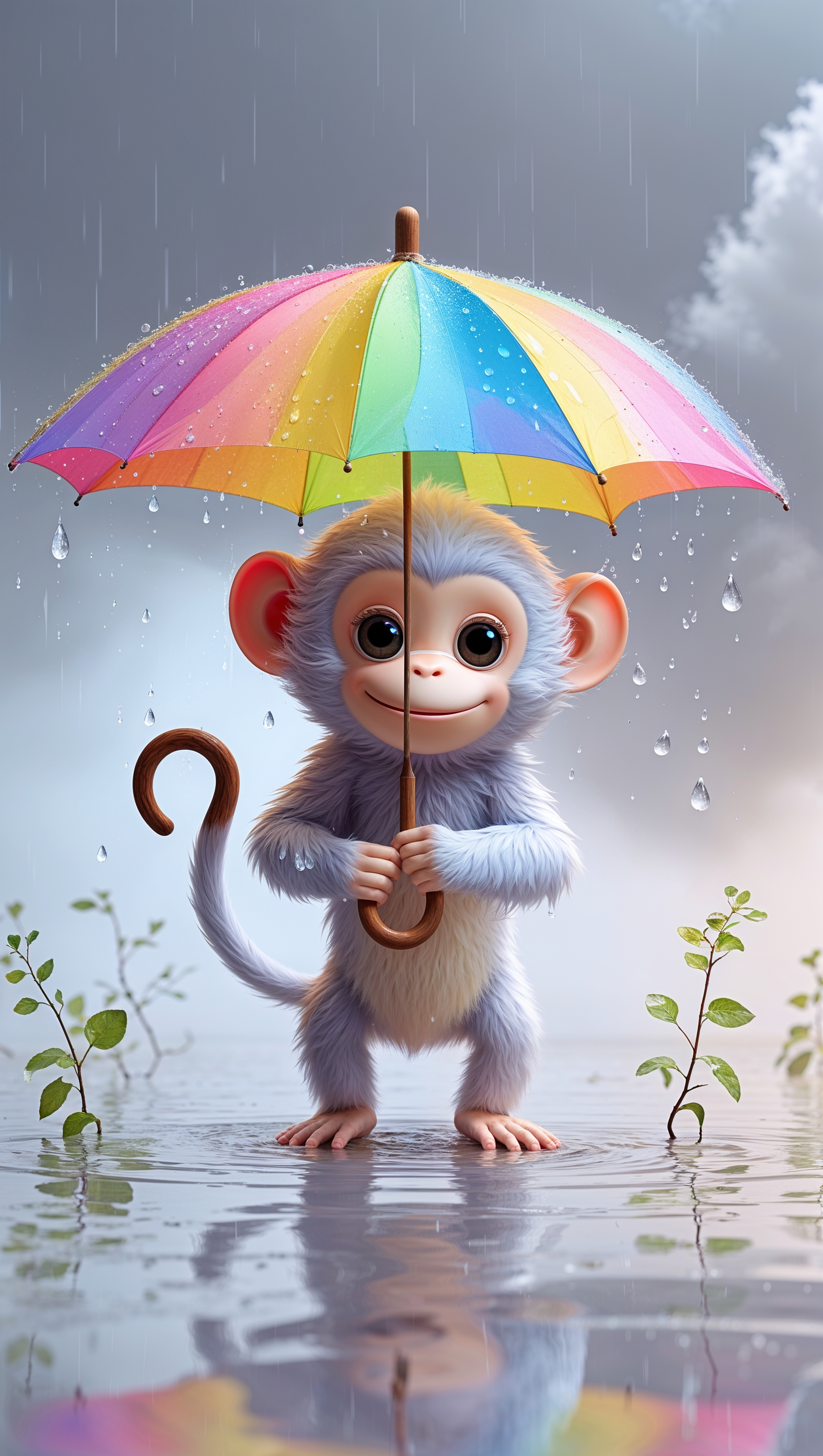Cute monkey with rainbow umbrella in pastel rain