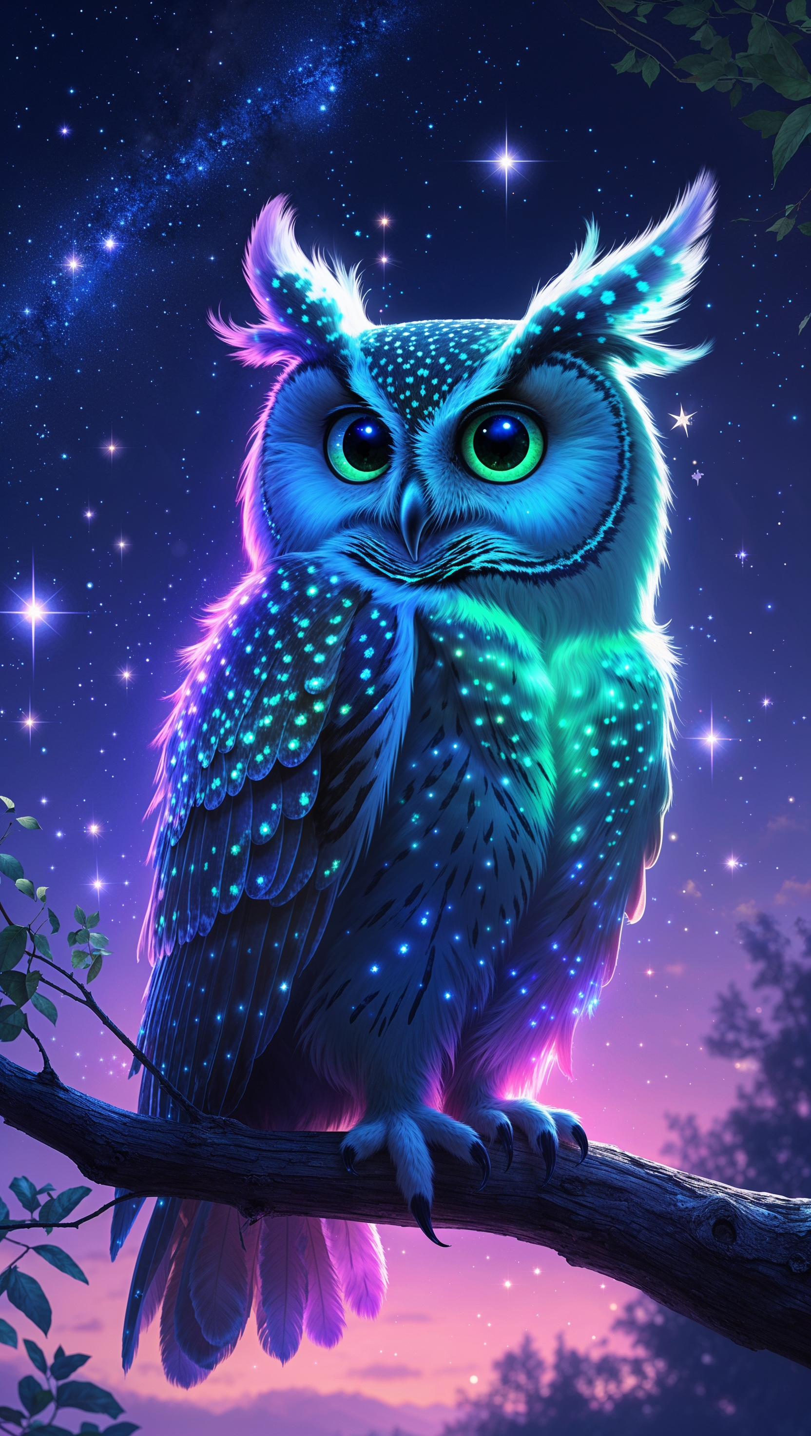 Neon owl with big eyes and stars at night