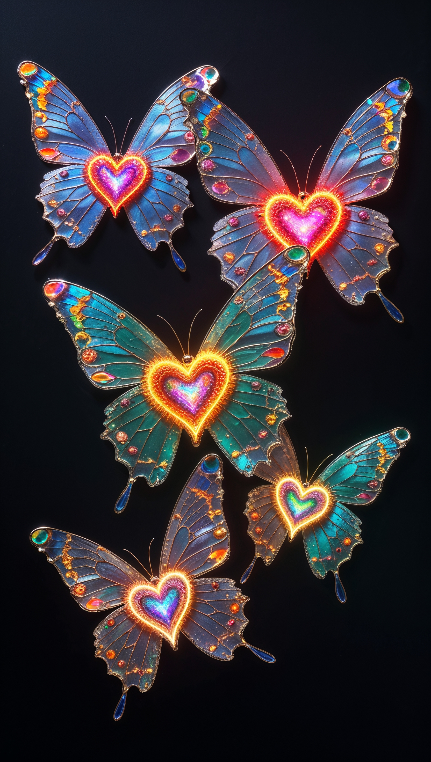 Glowing butterflies with colorful hearts on black background