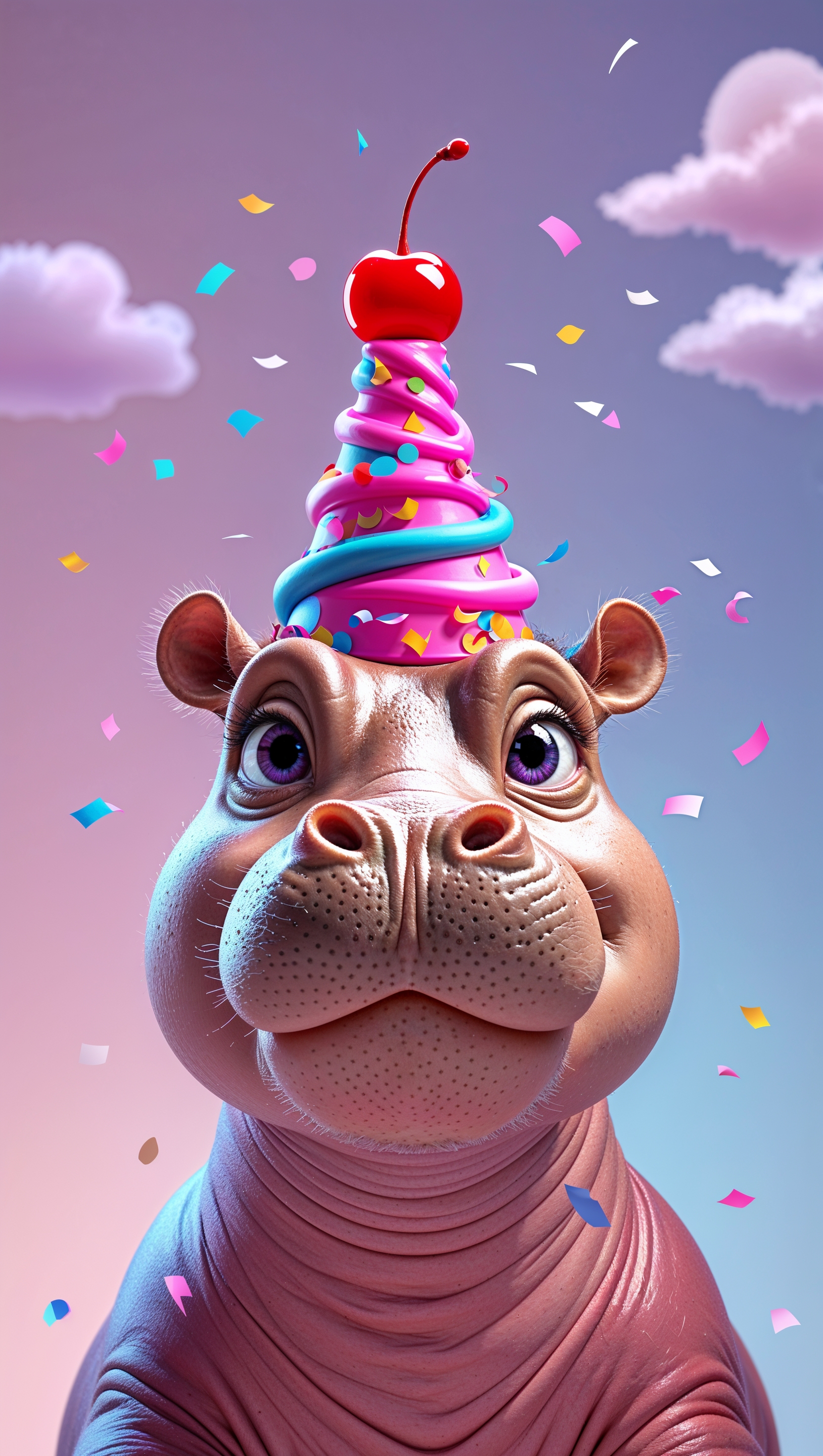 Cartoon hippo with birthday hat in pastel background