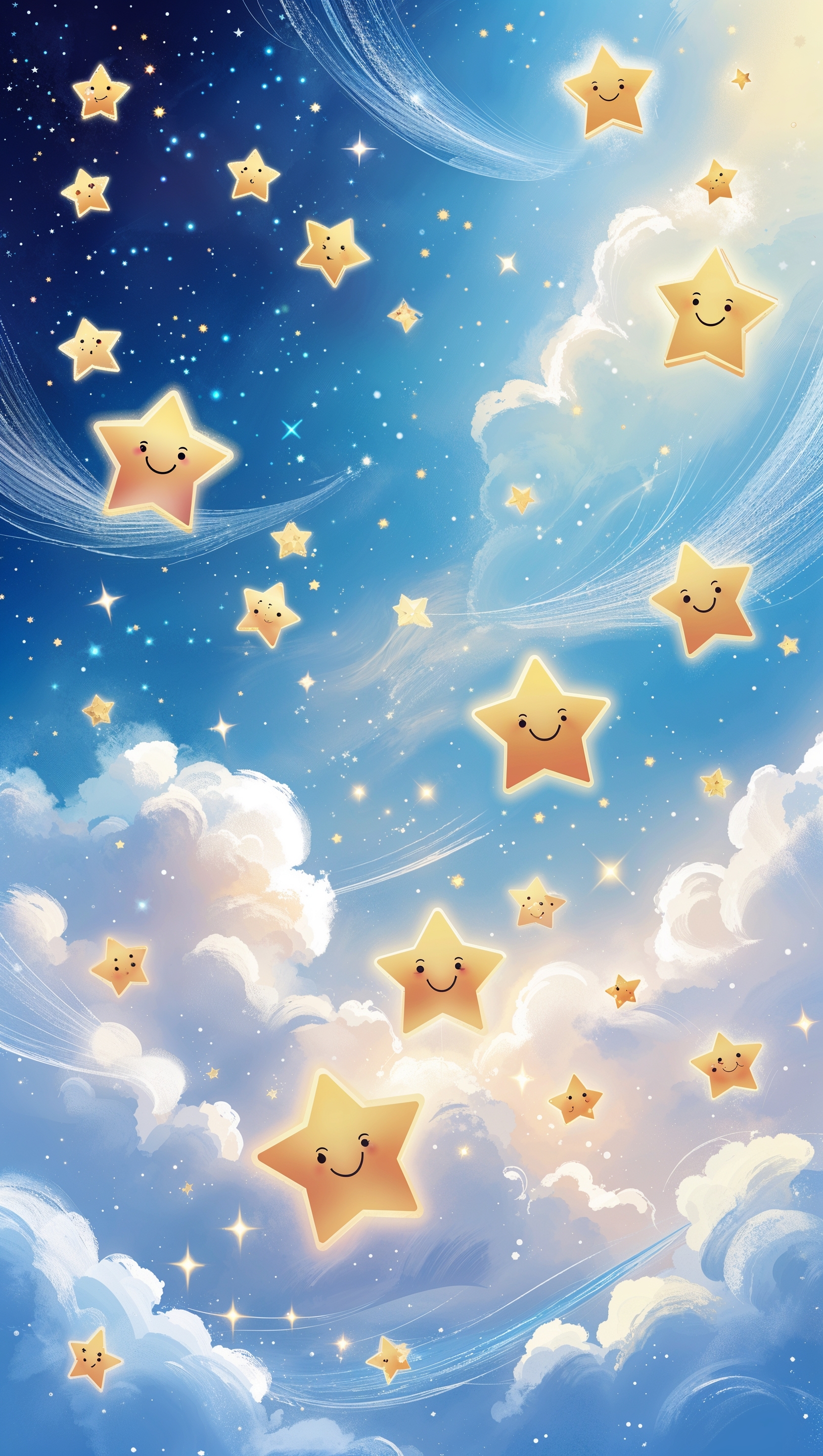 Smiling stars over shiny cloud background