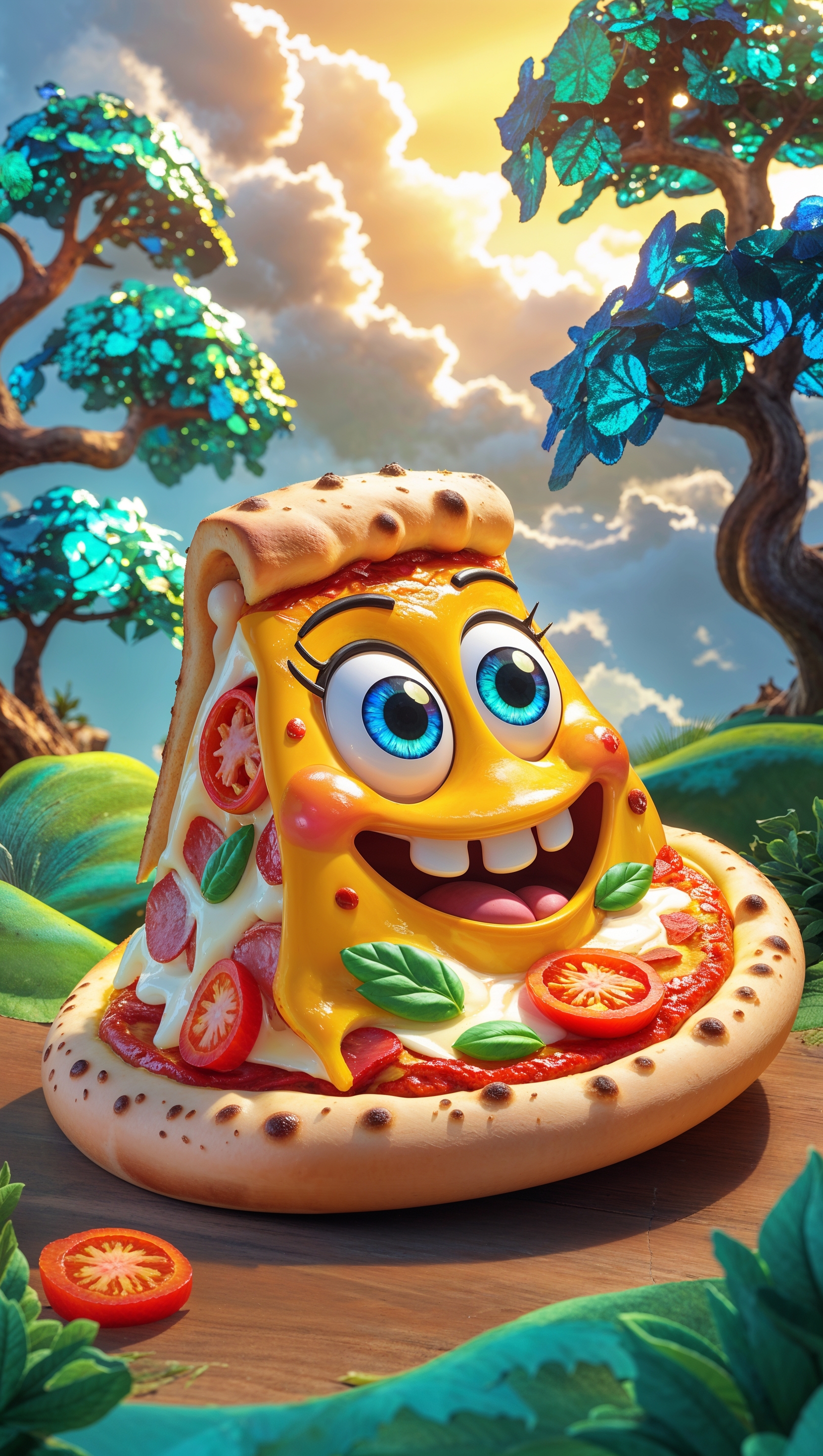 Cartoon pizza with eyes and smile in a fantasy background