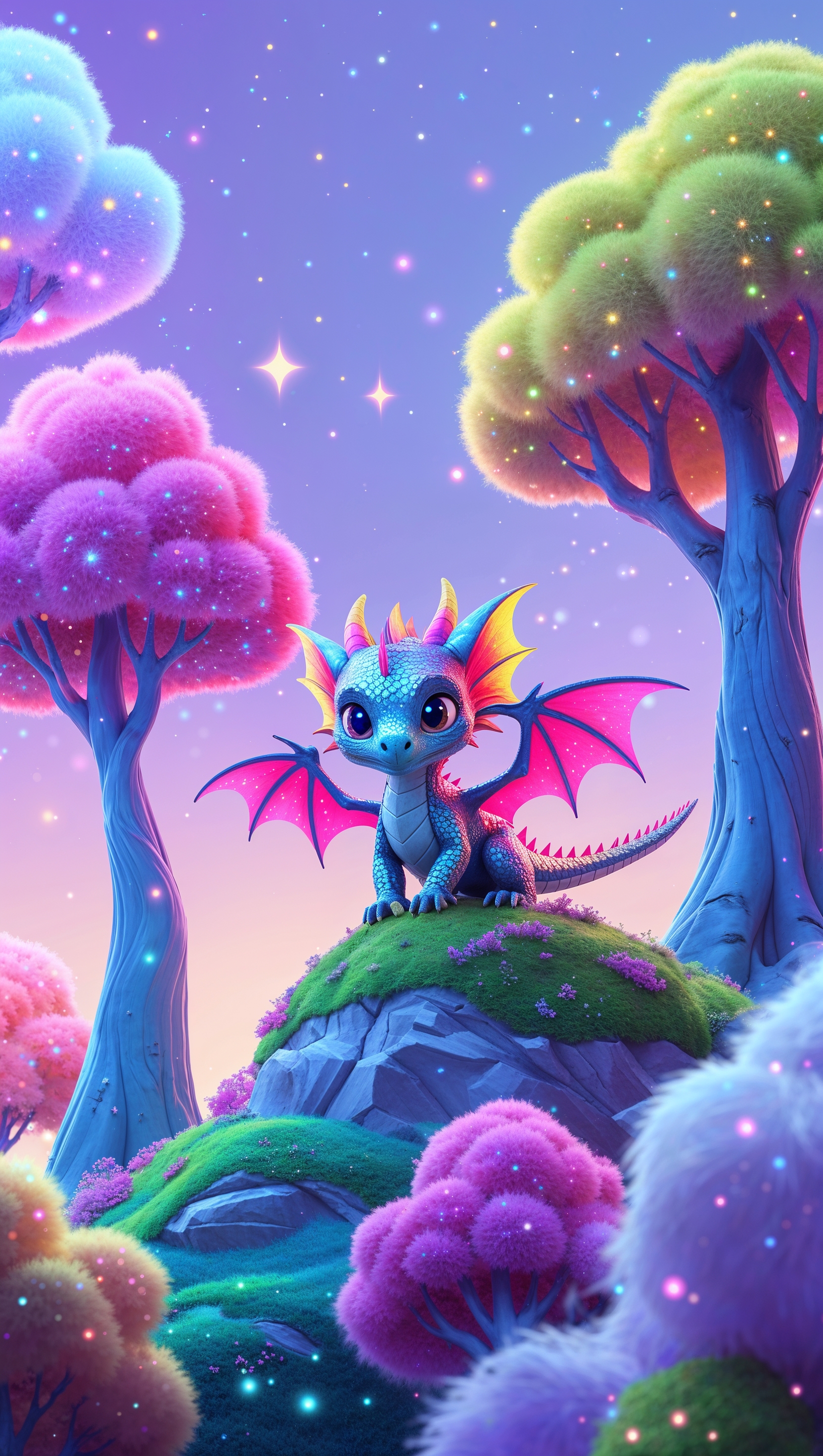 Fantasy world with cute colorful dragon and neon trees