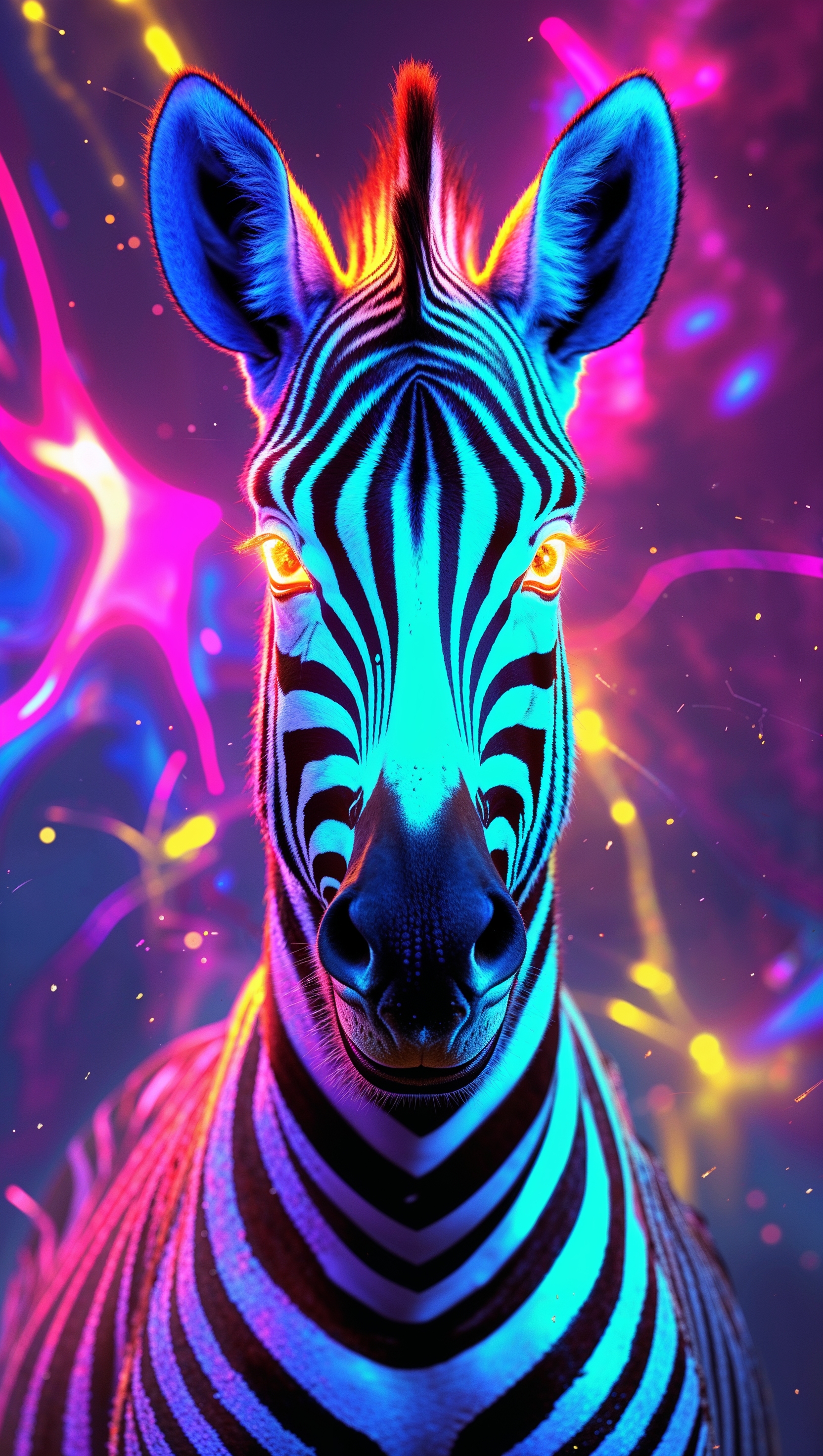 Neon zebra with bright colors and abstract background