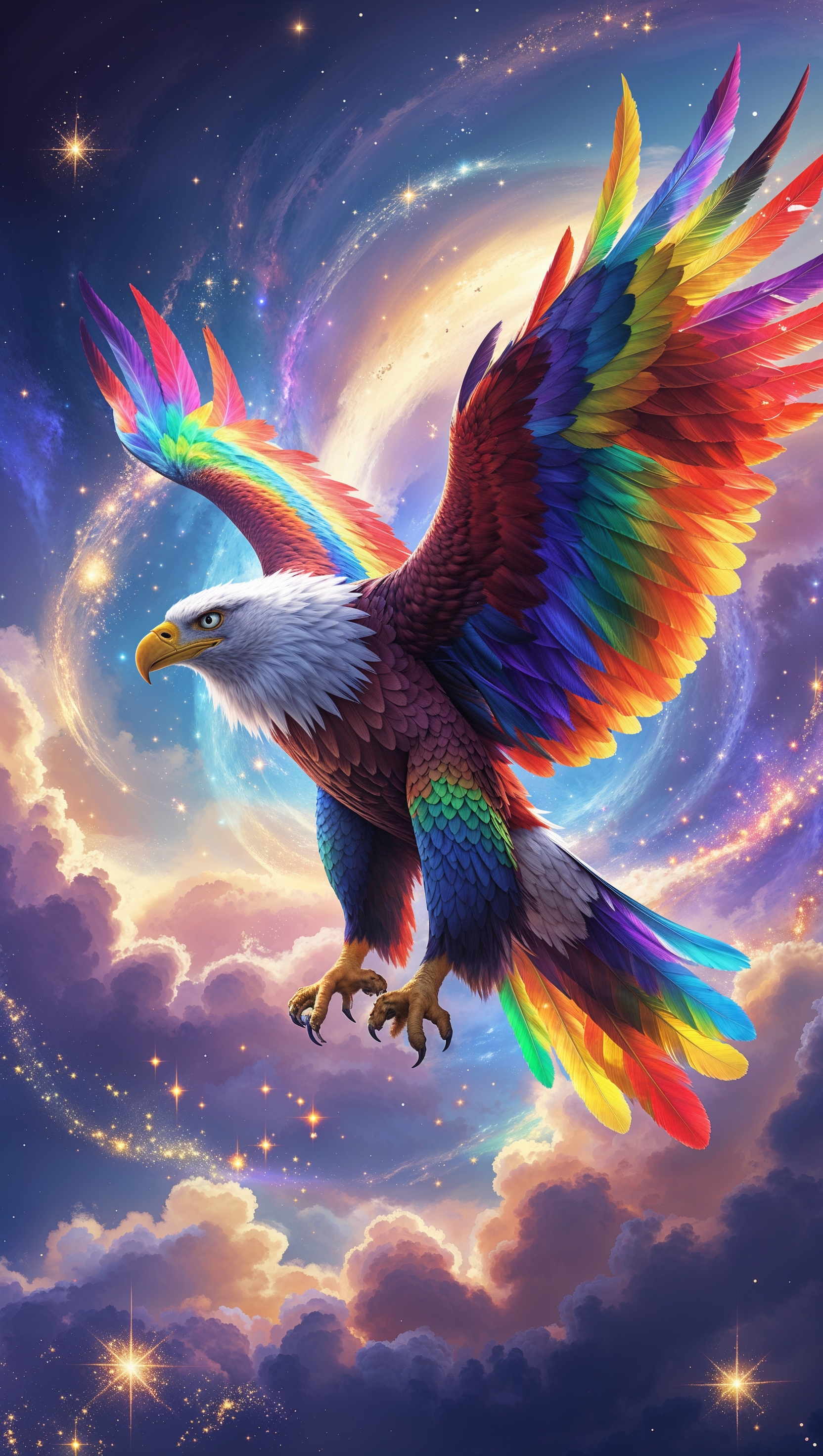 Rainbow eagle flying through a fantasy galaxy