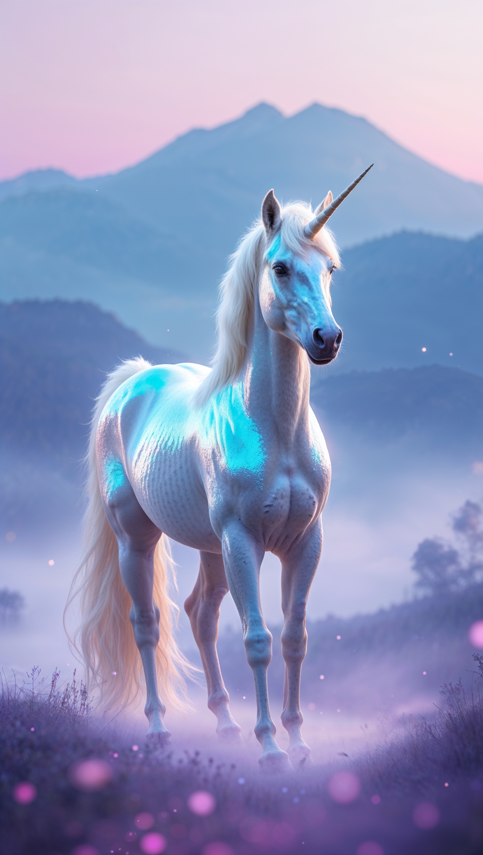 Unicorn in blue mountains with pastel purple mist