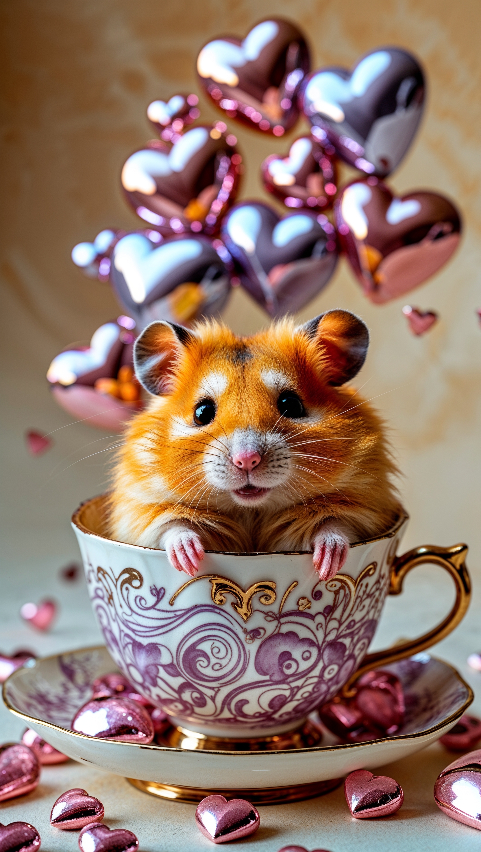 Colorful hamster in a teacup with shiny hearts