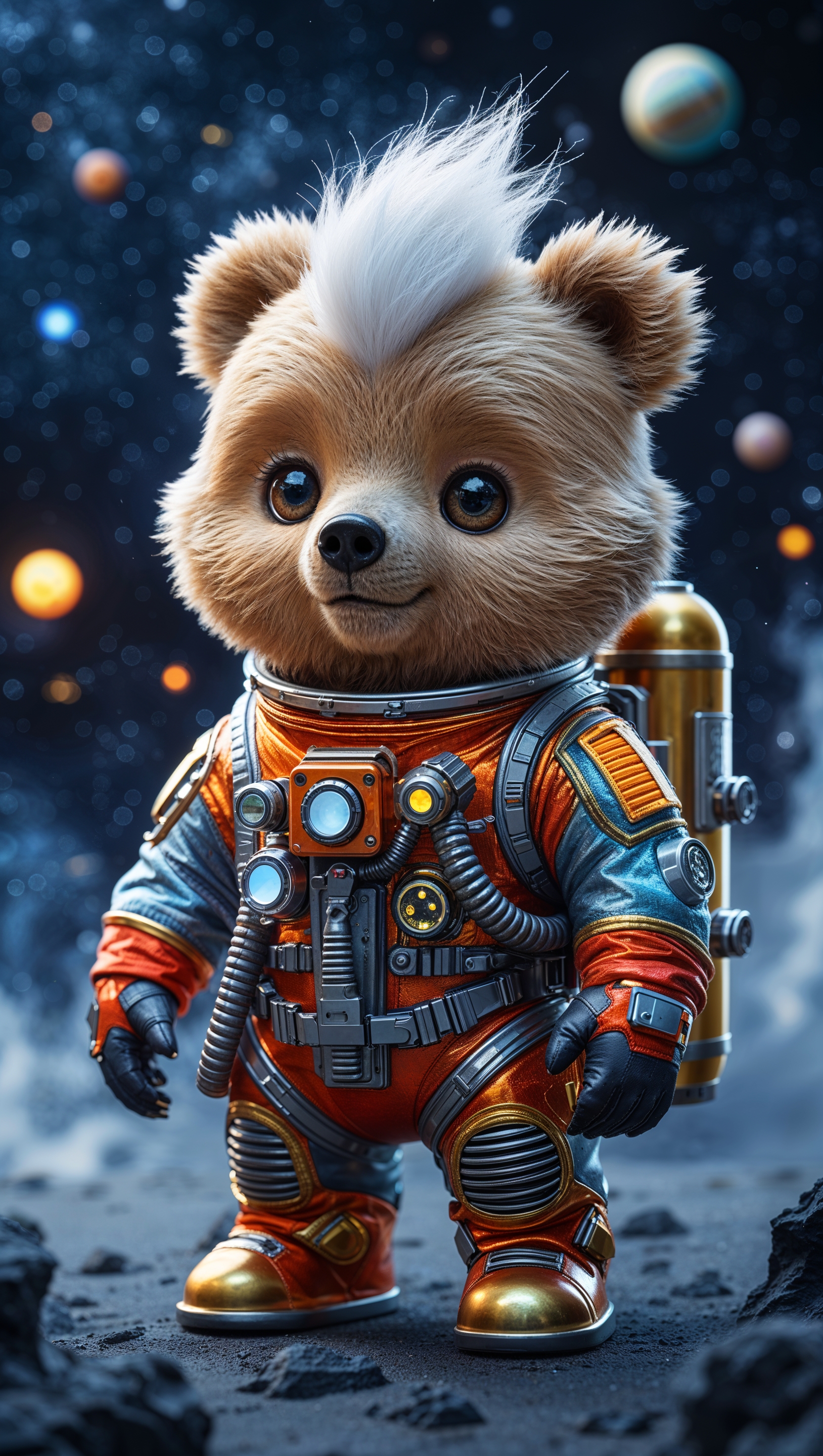 Little bear in space wearing a colorful spacesuit