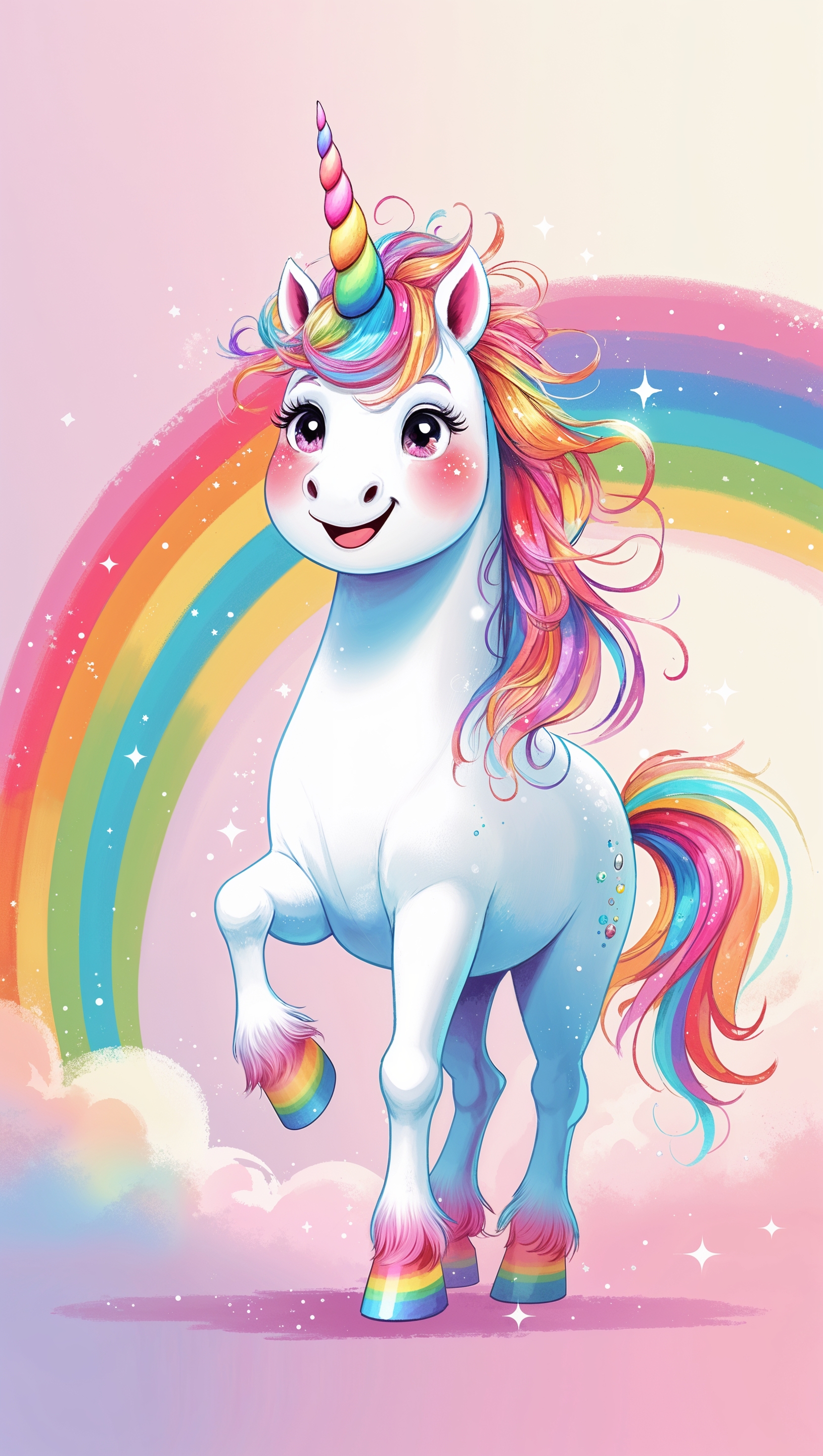 Smiling unicorn on a rainbow, light pink background