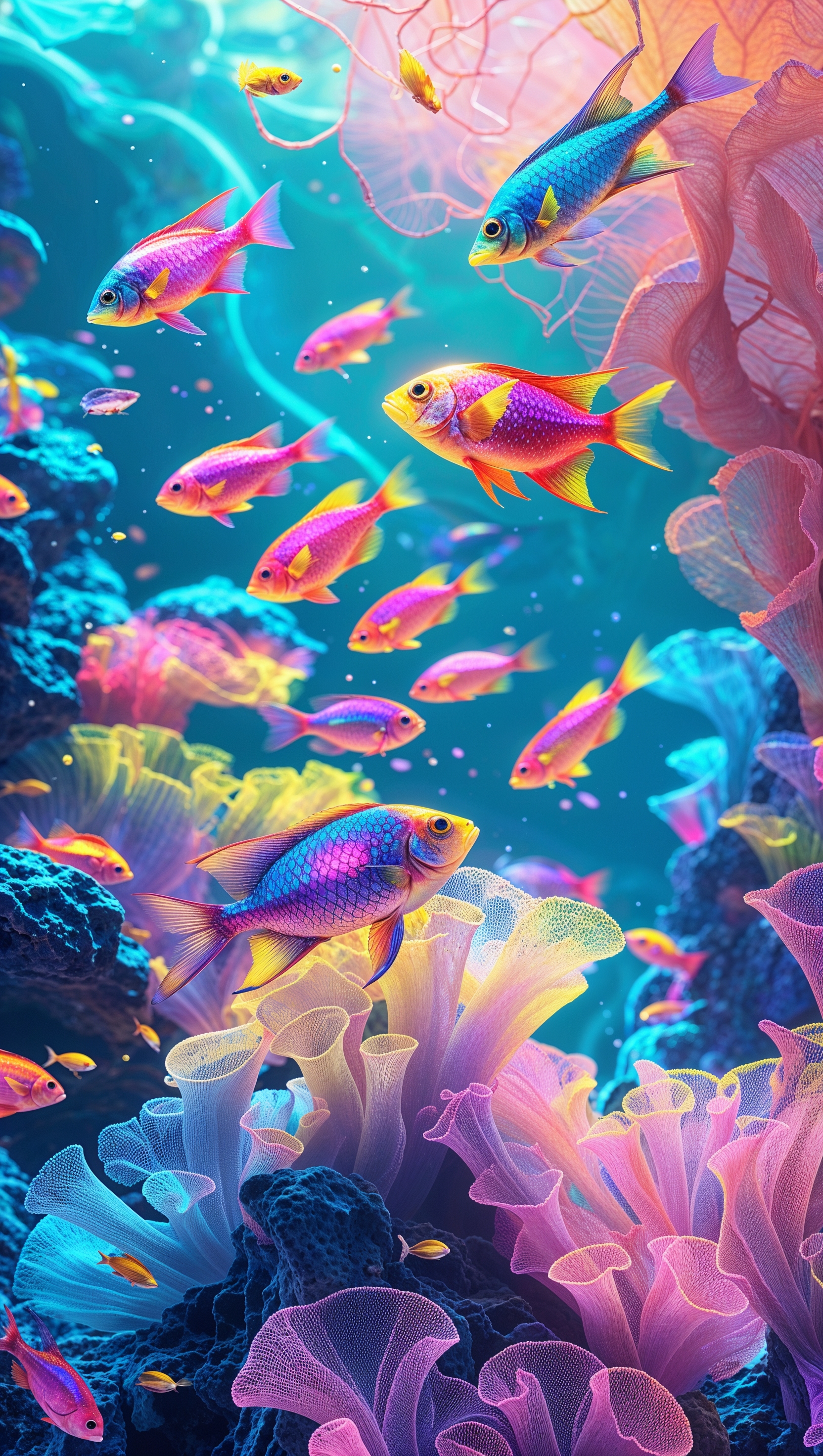 Underwater world with neon fish and rainbow coral