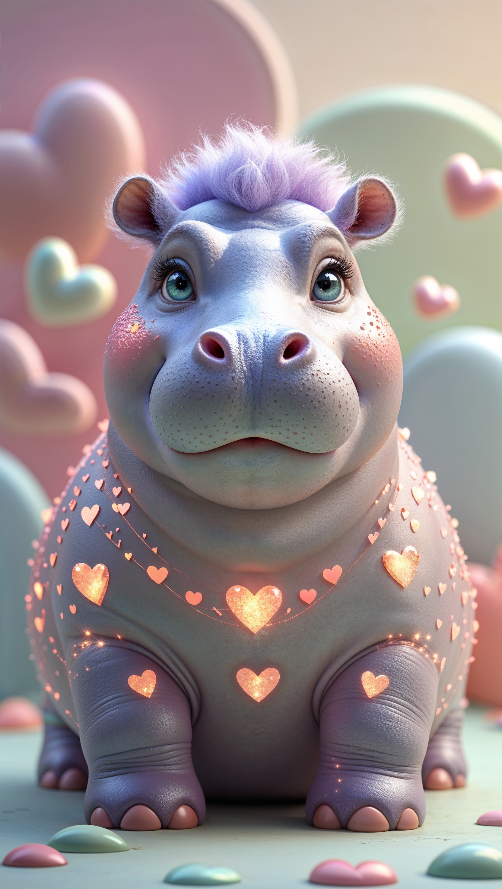 Fantasy hippo in pastel tones with glowing hearts