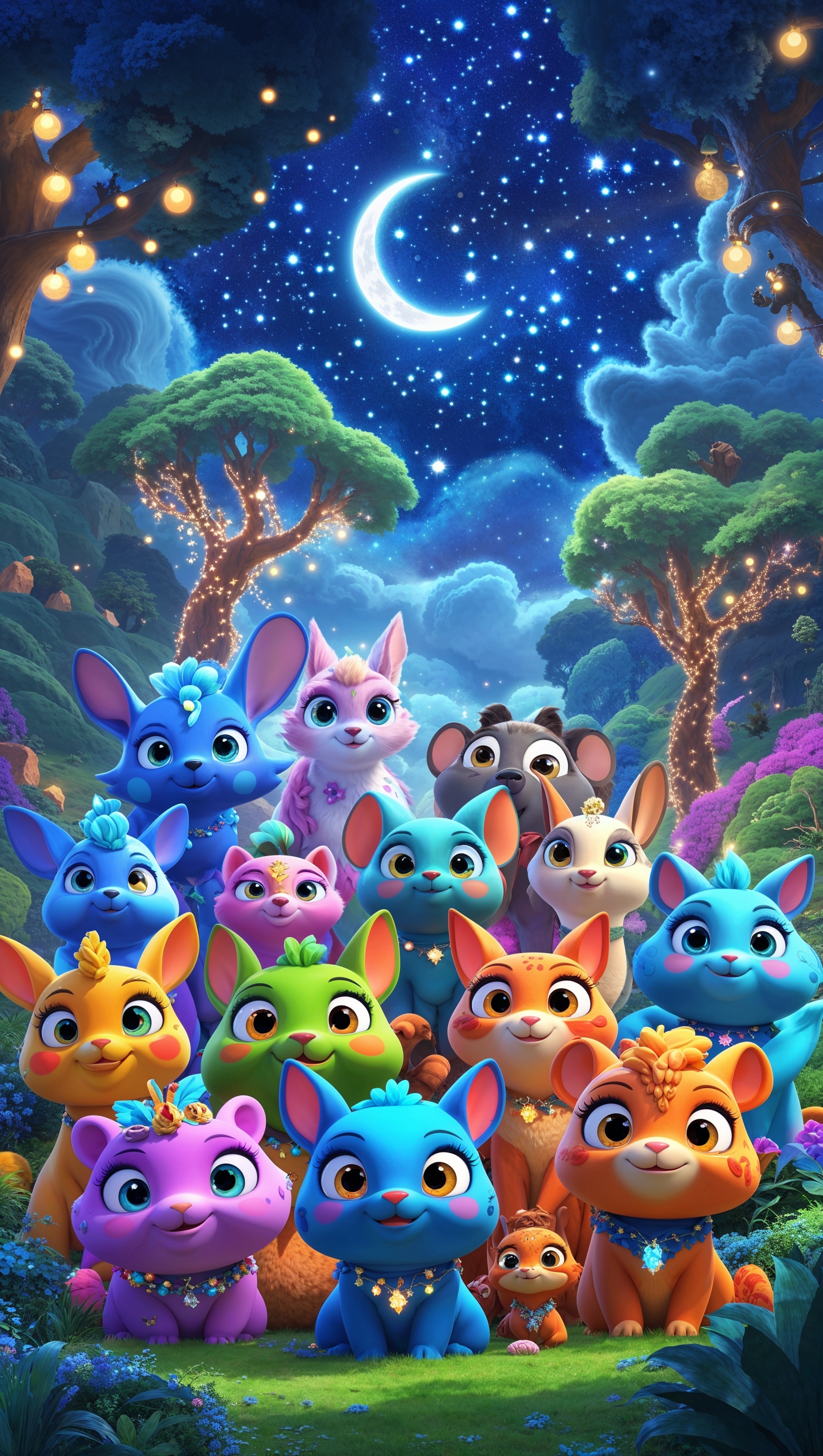Magical world full of colors, cartoon animals, and stars