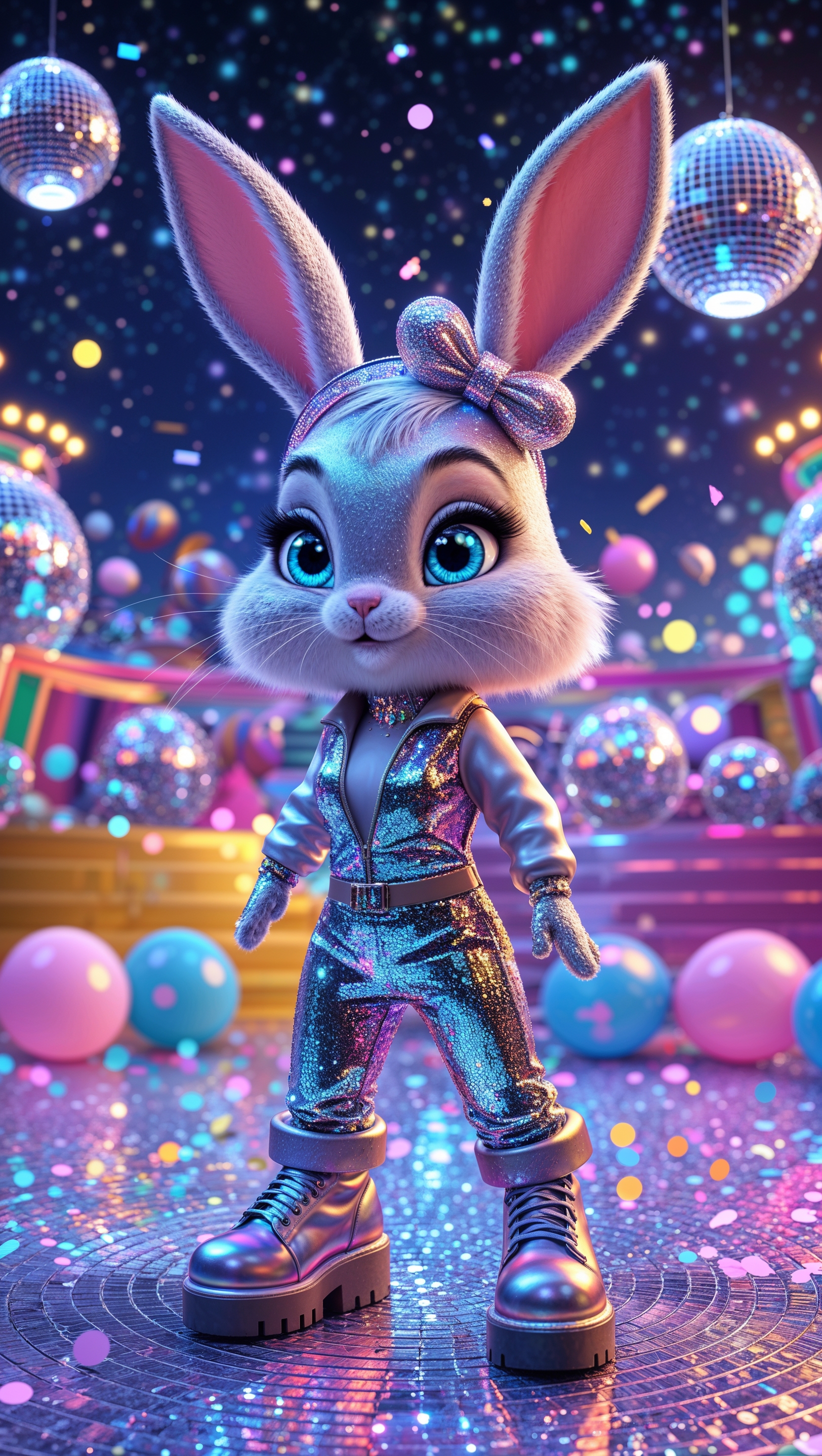 Cartoon bunny in disco outfit in a sparkling world